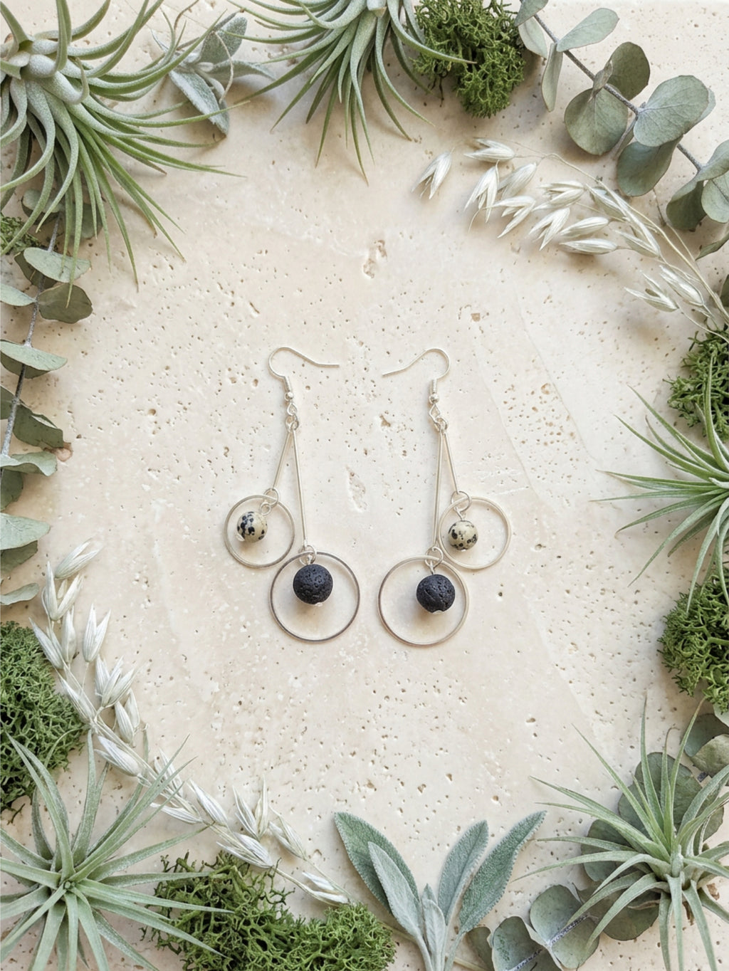 Dalmatian and Lava Stone Double Hoop Earrings