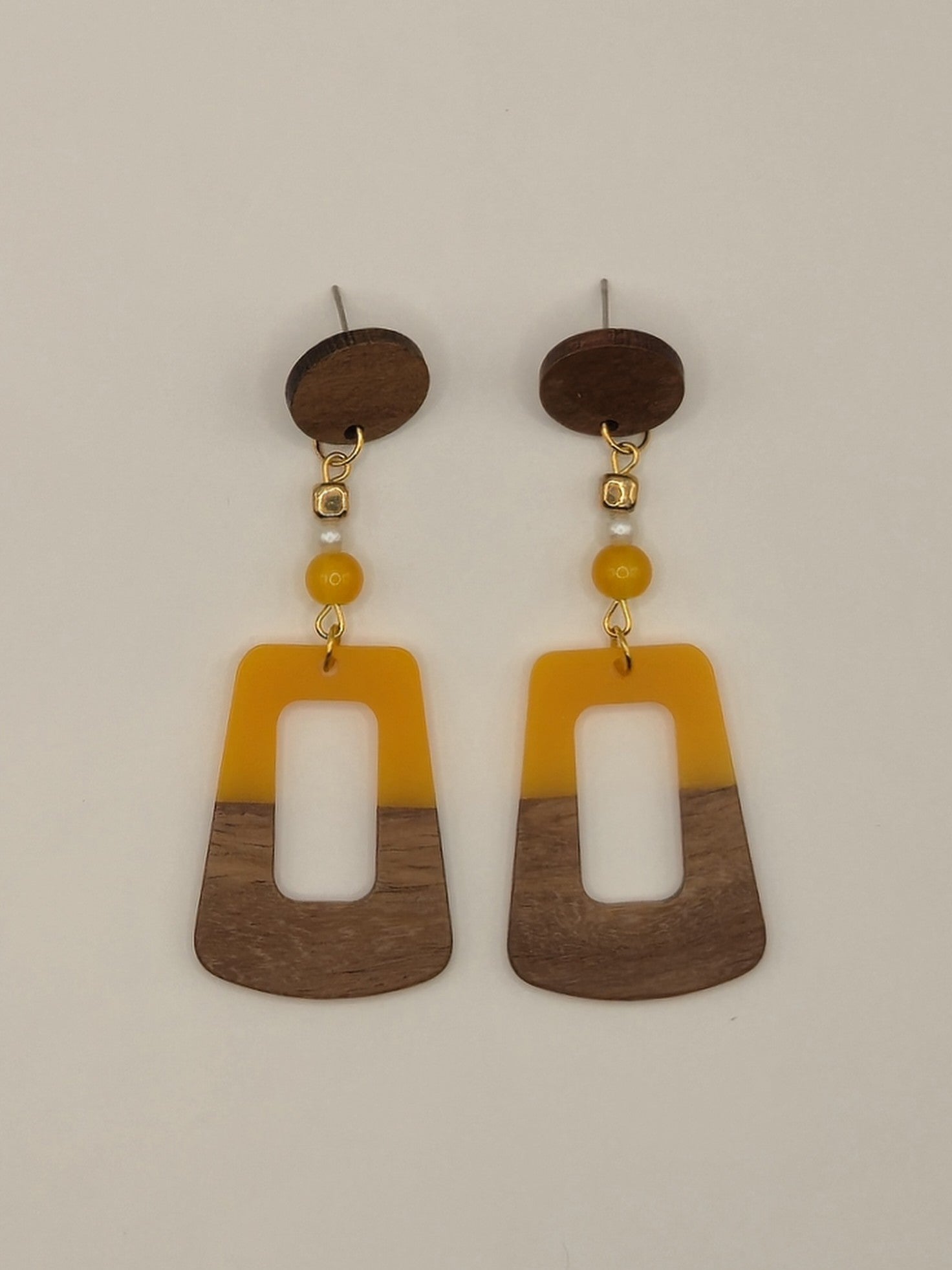 Yellow Wood & Resin Trapezoid Earrings