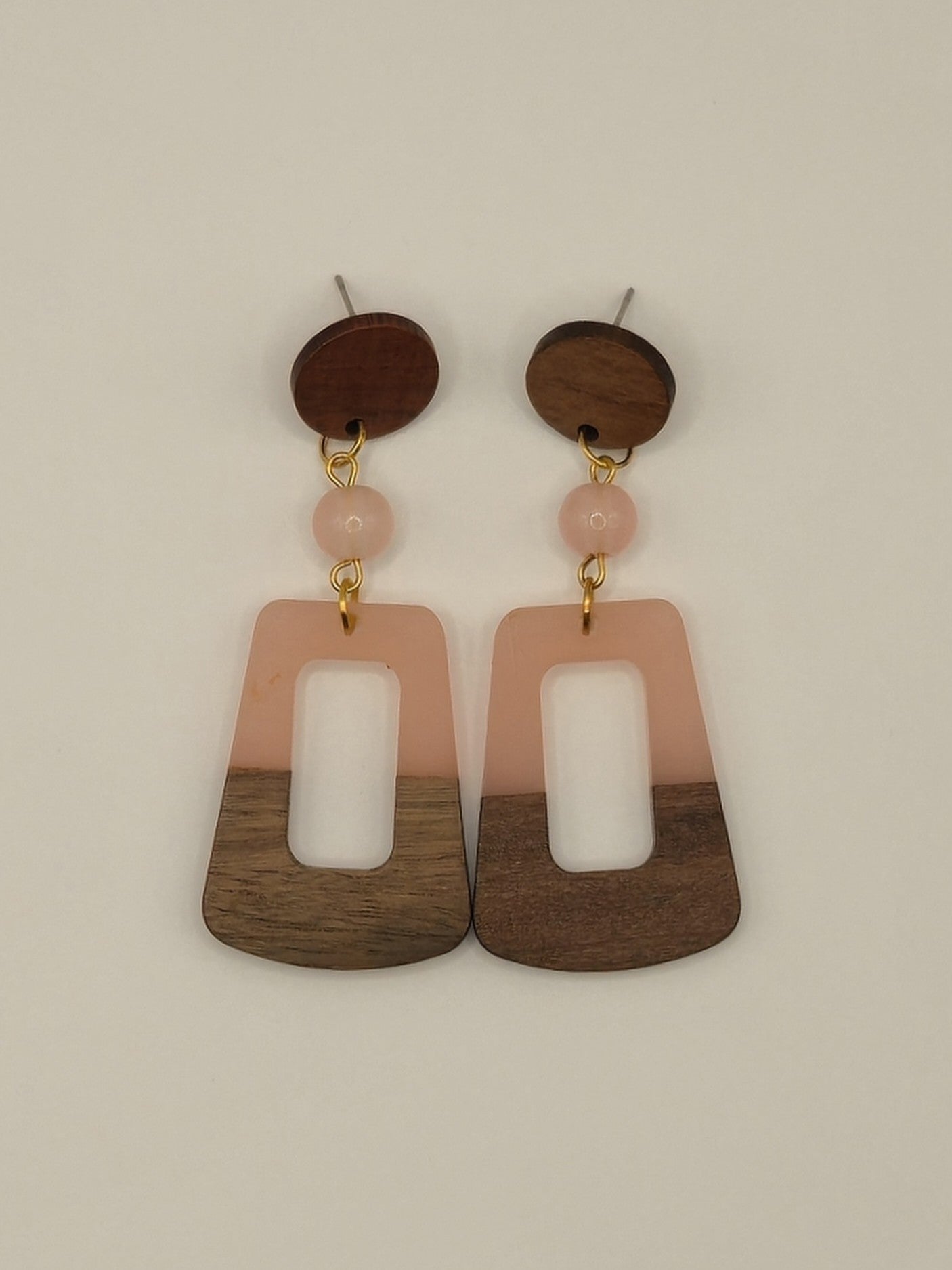 Pink Wood & Resin Trapezoid Earrings