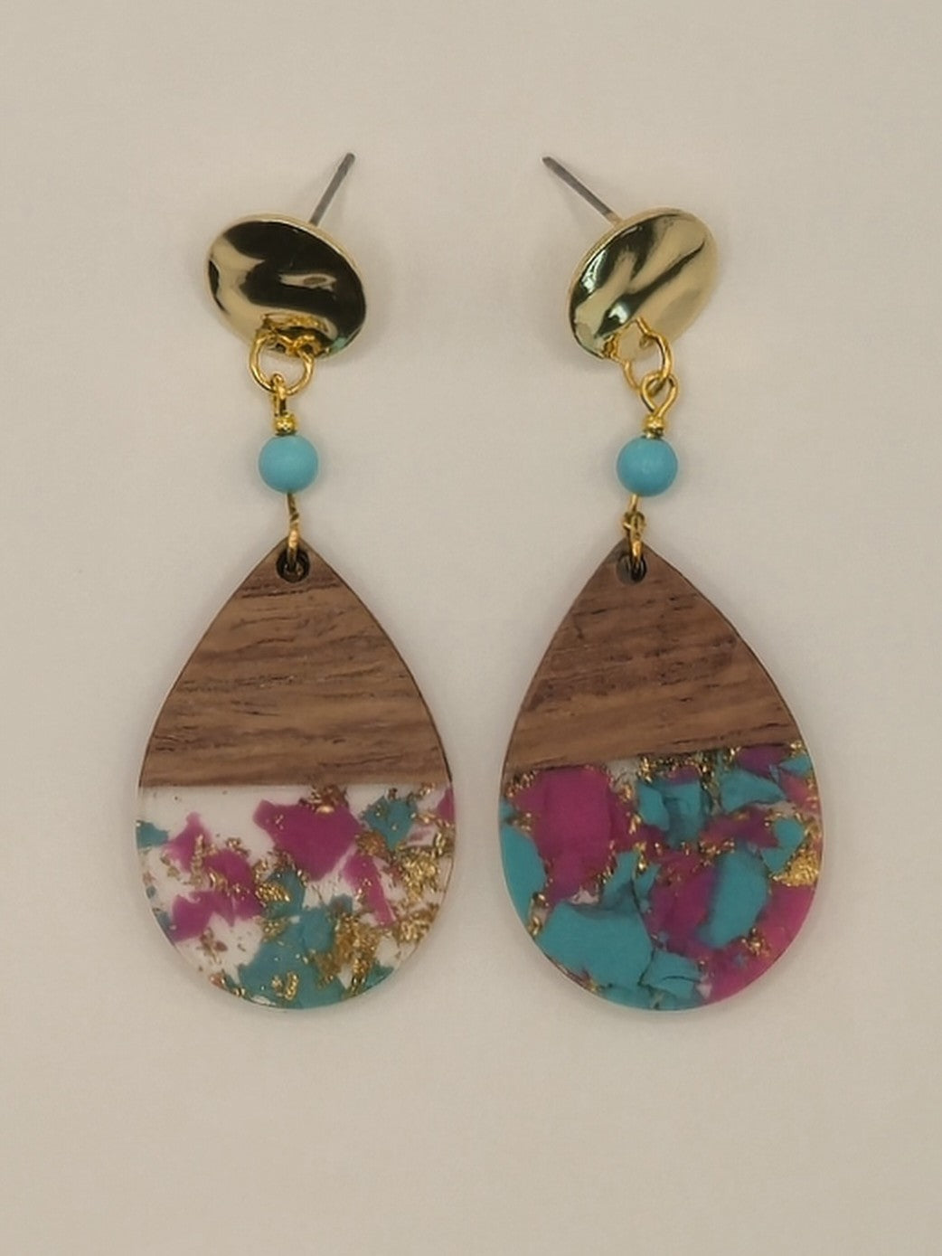 Turquoise & Pink Wood & Resin Teardrop Earrings