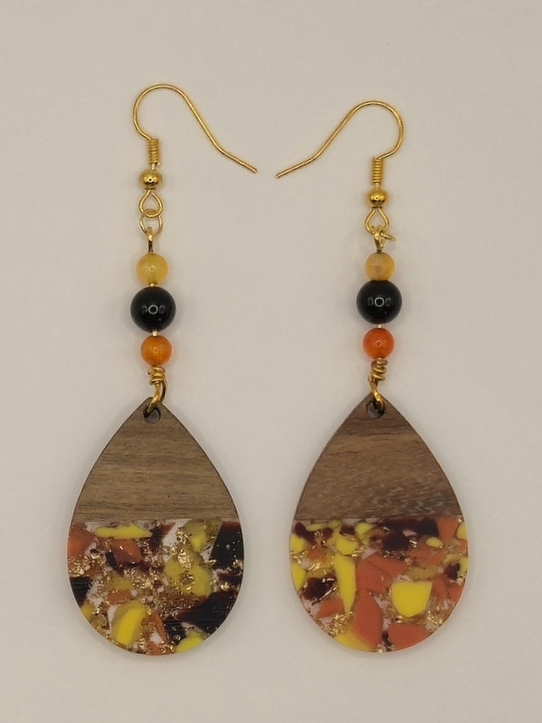 Yellow & Orange Wood & Resin Teardrop Earrings