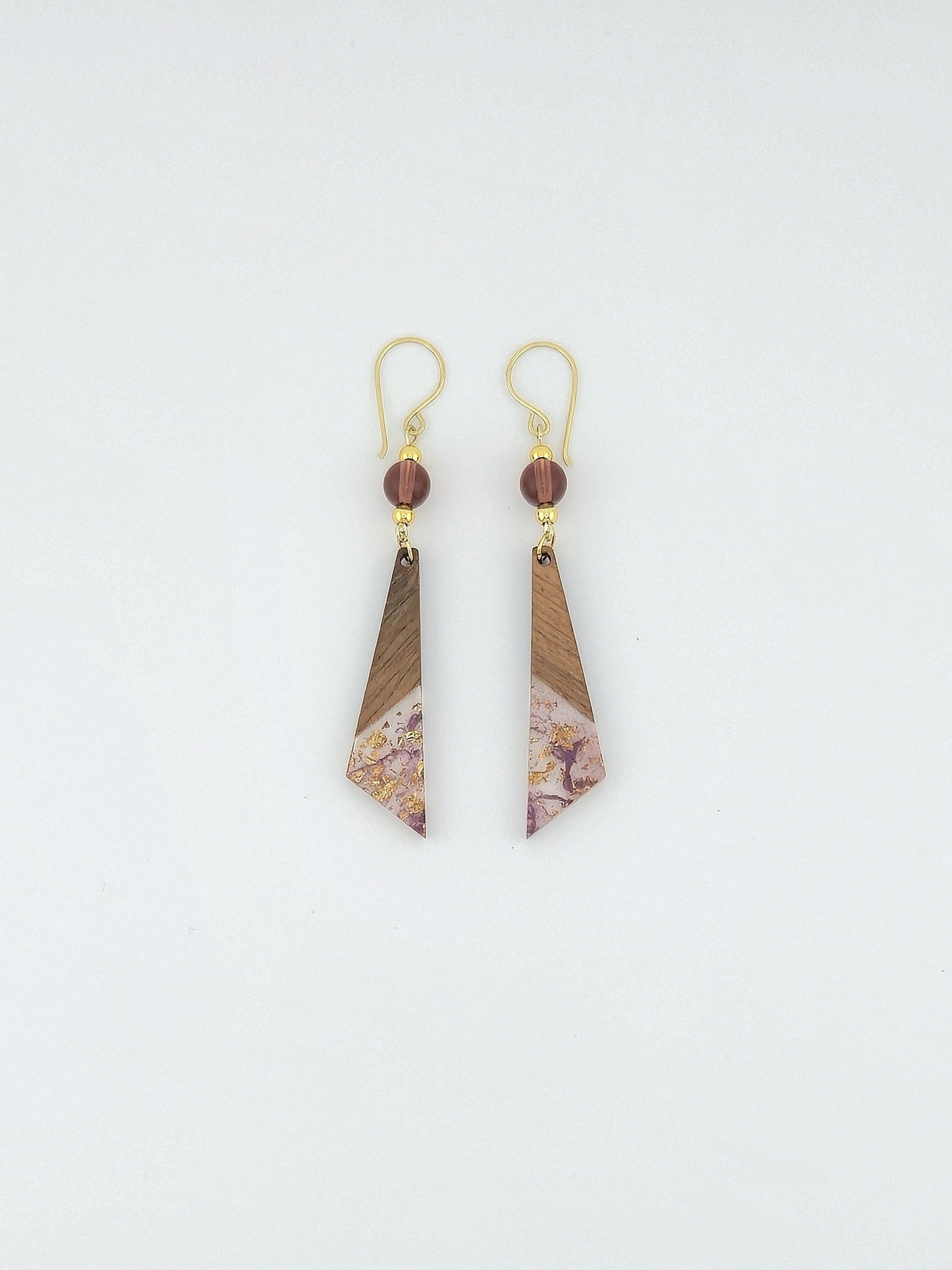Purple Wood & Resin Long Triangle Earrings