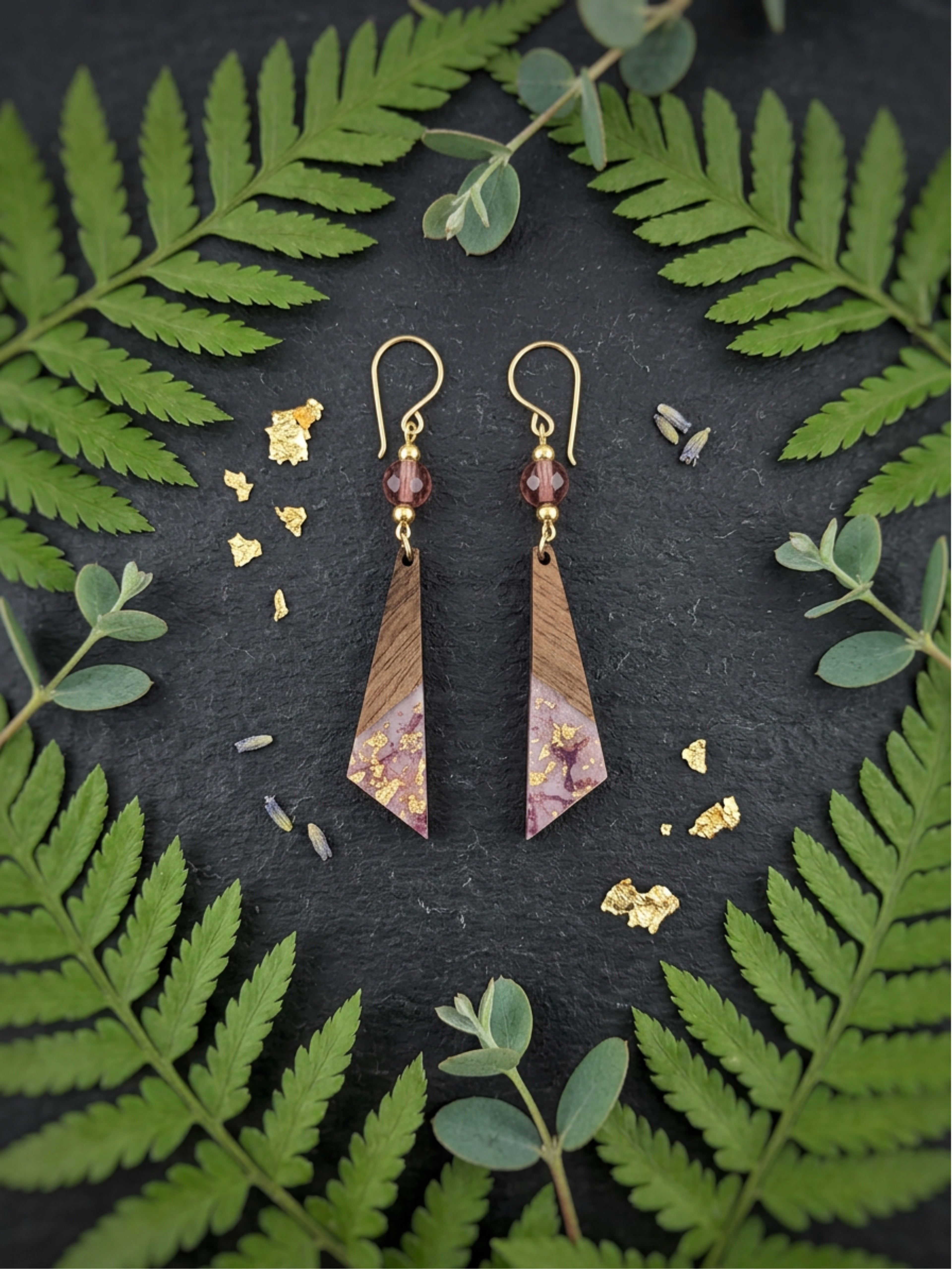 Purple Wood & Resin Long Triangle Earrings