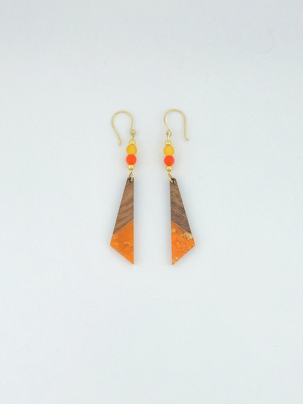 Tangerine Wood & Resin Long Triangle Earrings