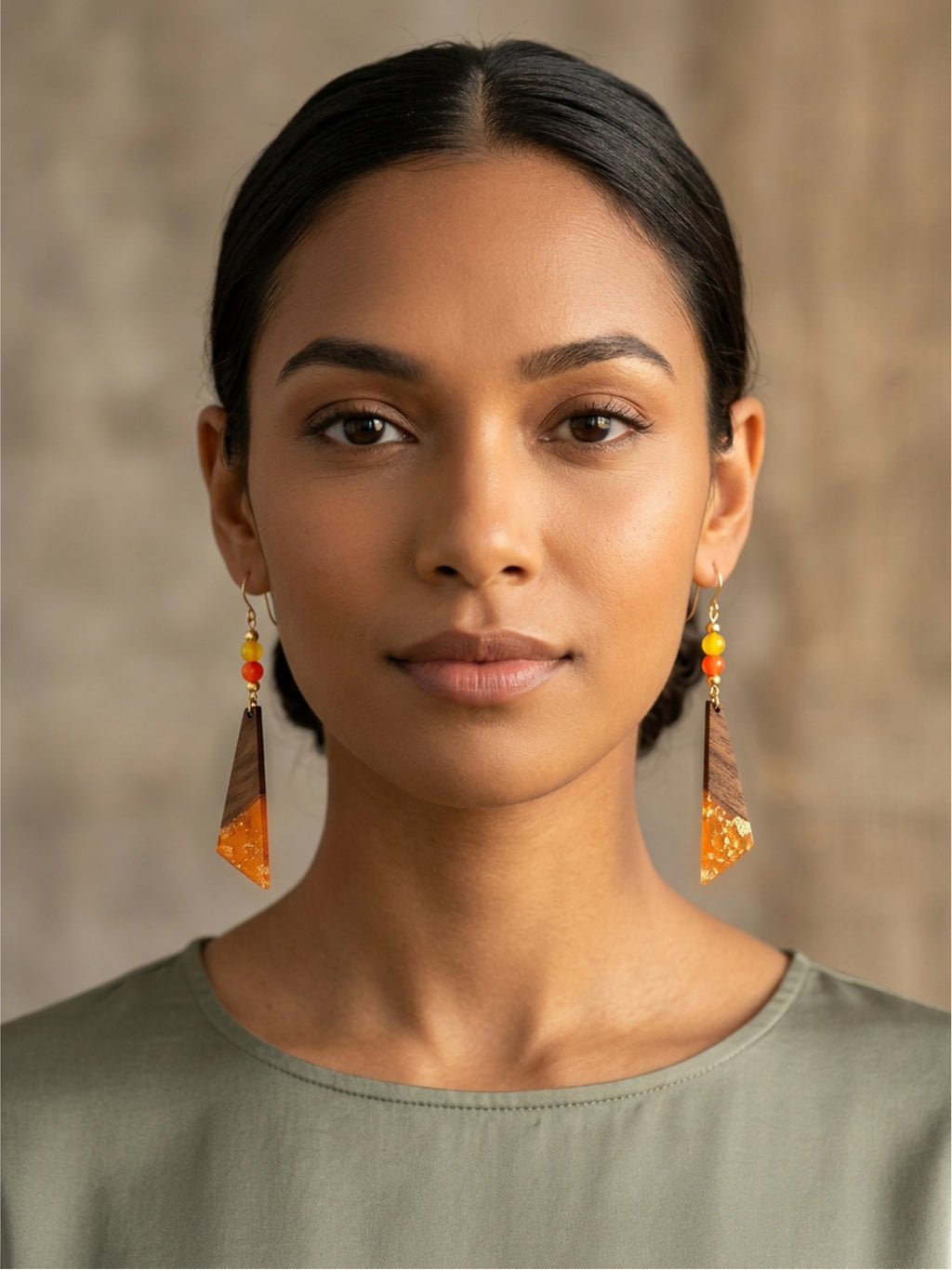 Tangerine Wood & Resin Long Triangle Earrings