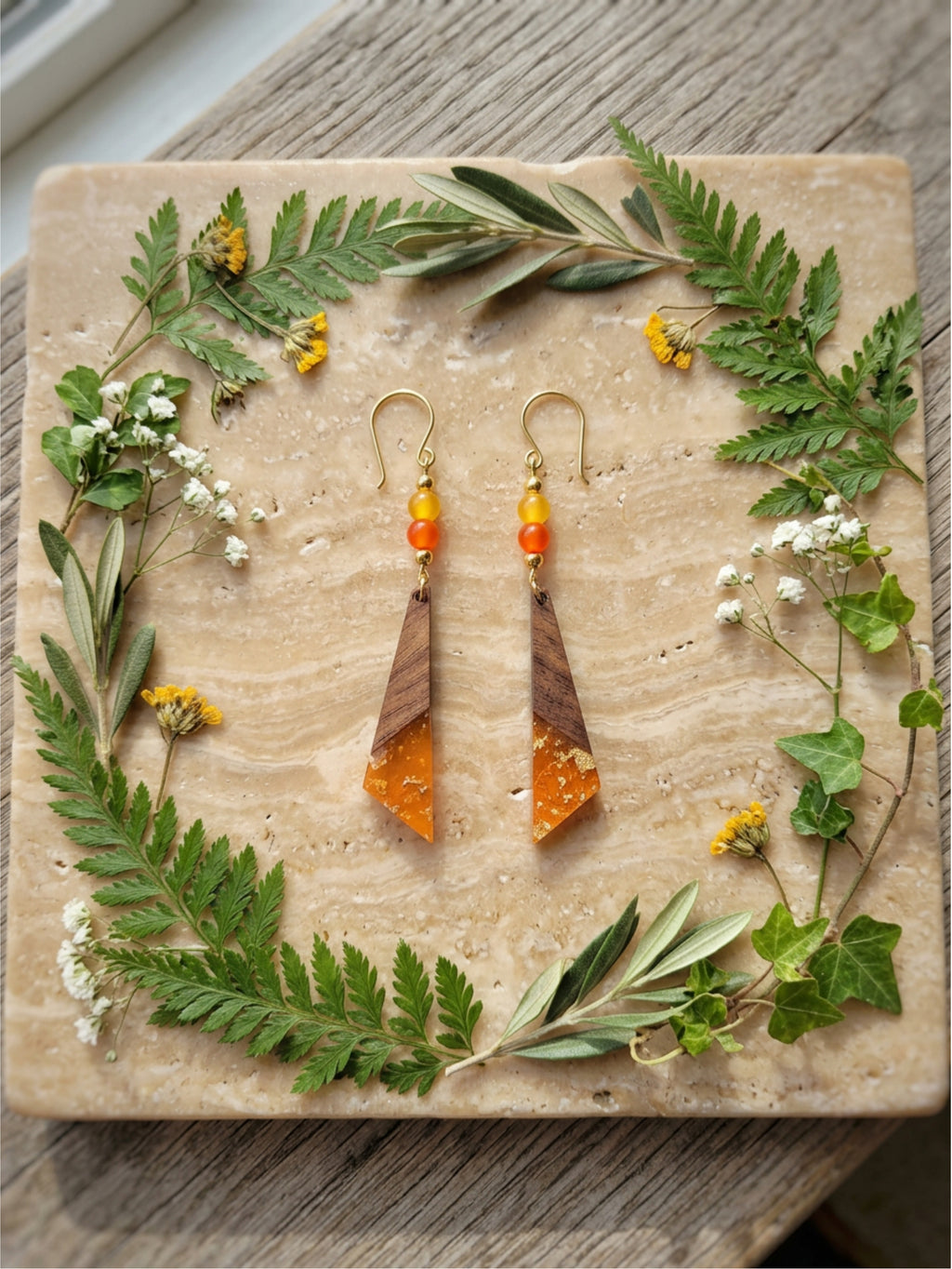 Tangerine Wood & Resin Long Triangle Earrings