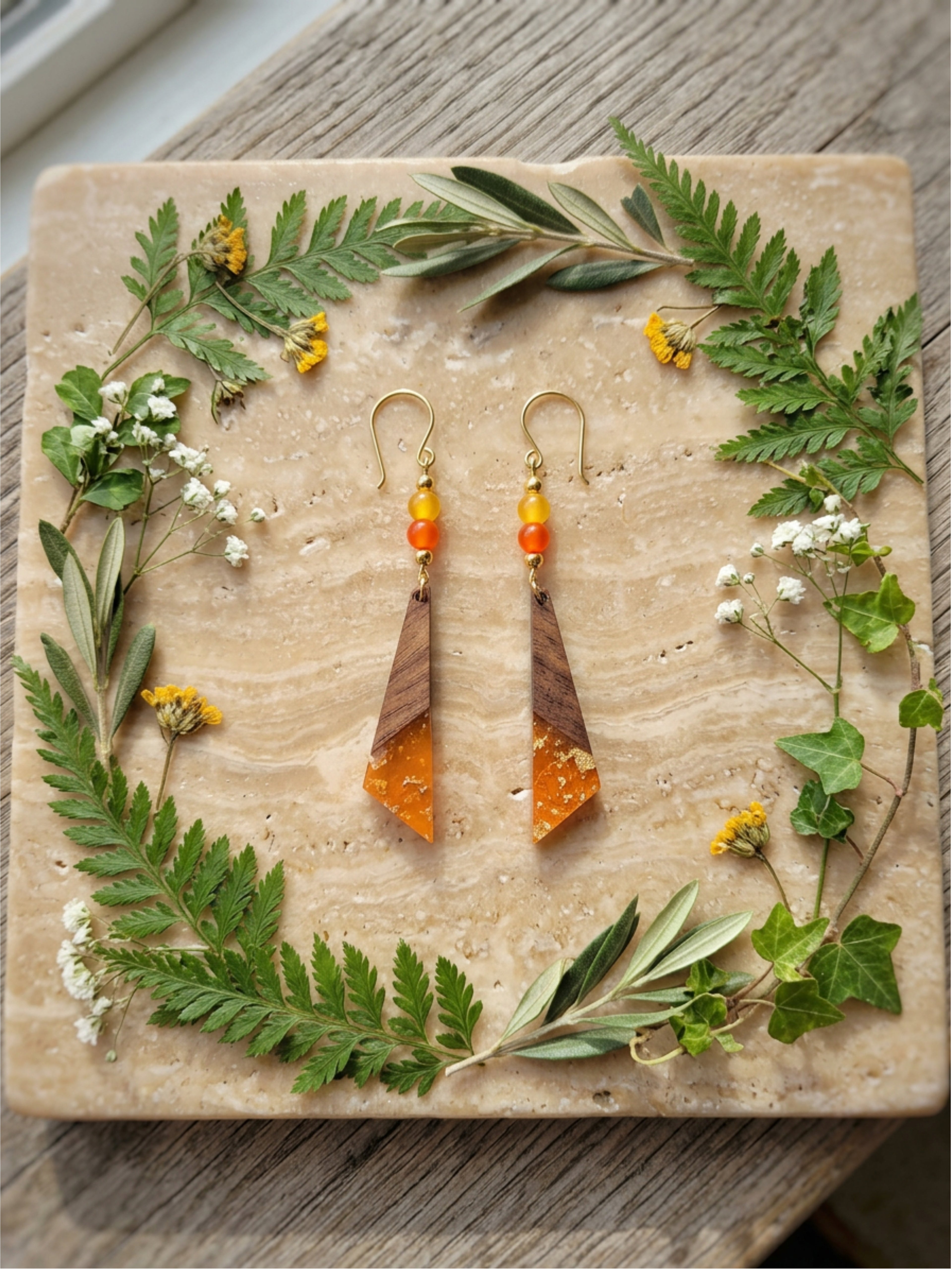 Tangerine Wood & Resin Long Triangle Earrings