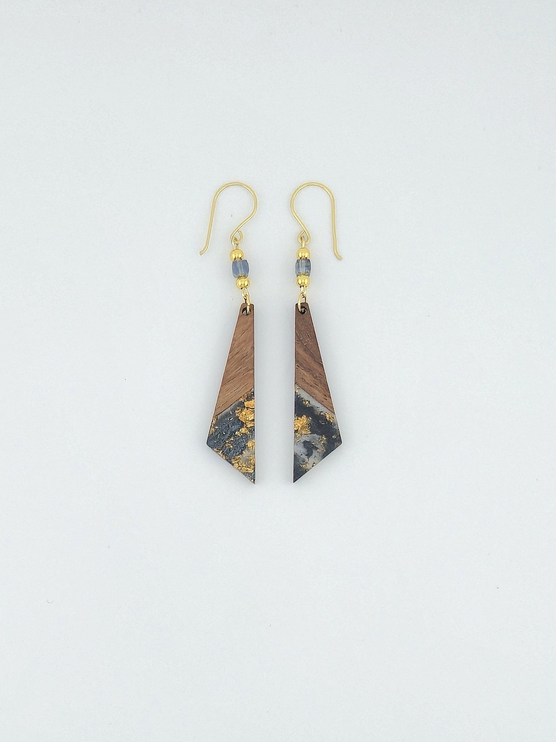 Smoky Blue Wood & Resin Long Triangle Earrings