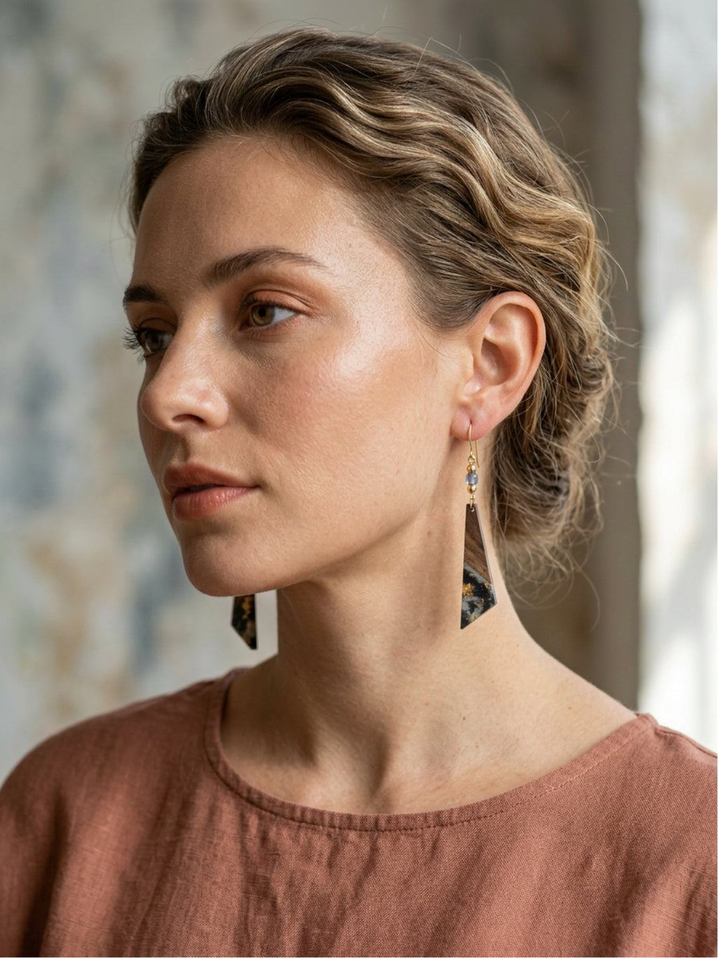 Smoky Blue Wood & Resin Long Triangle Earrings