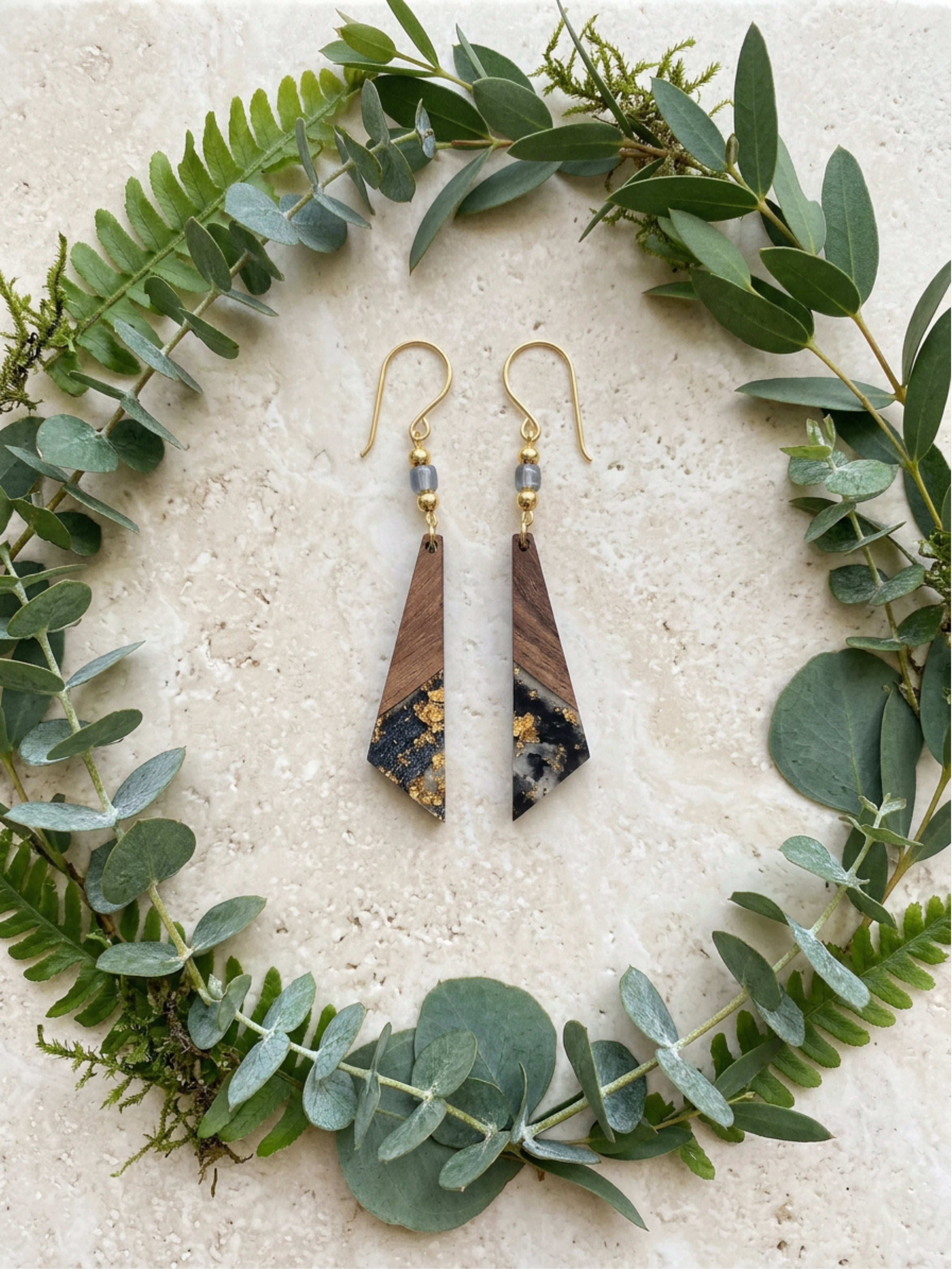 Smoky Blue Wood & Resin Long Triangle Earrings