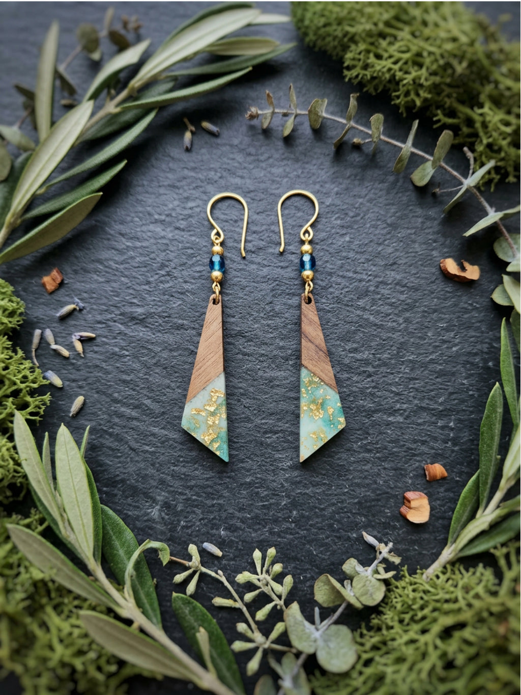Turquoise Wood & Resin Long Triangle Earrings