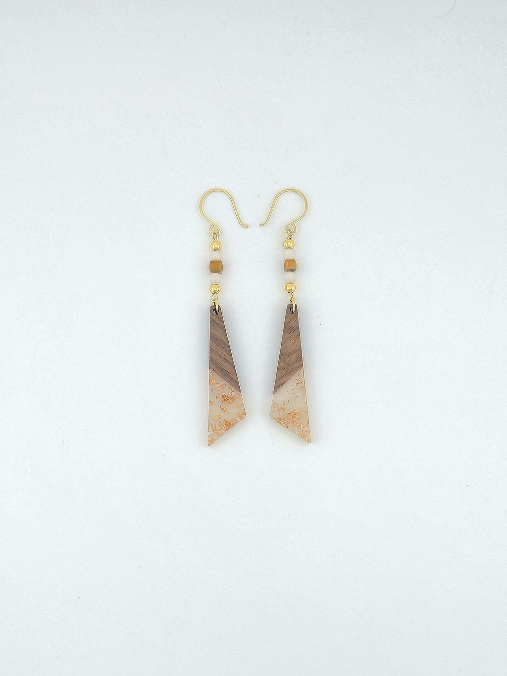 Gold Wood & Resin Long Triangle Earrings