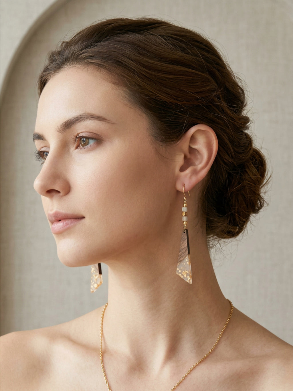 Gold Wood & Resin Long Triangle Earrings