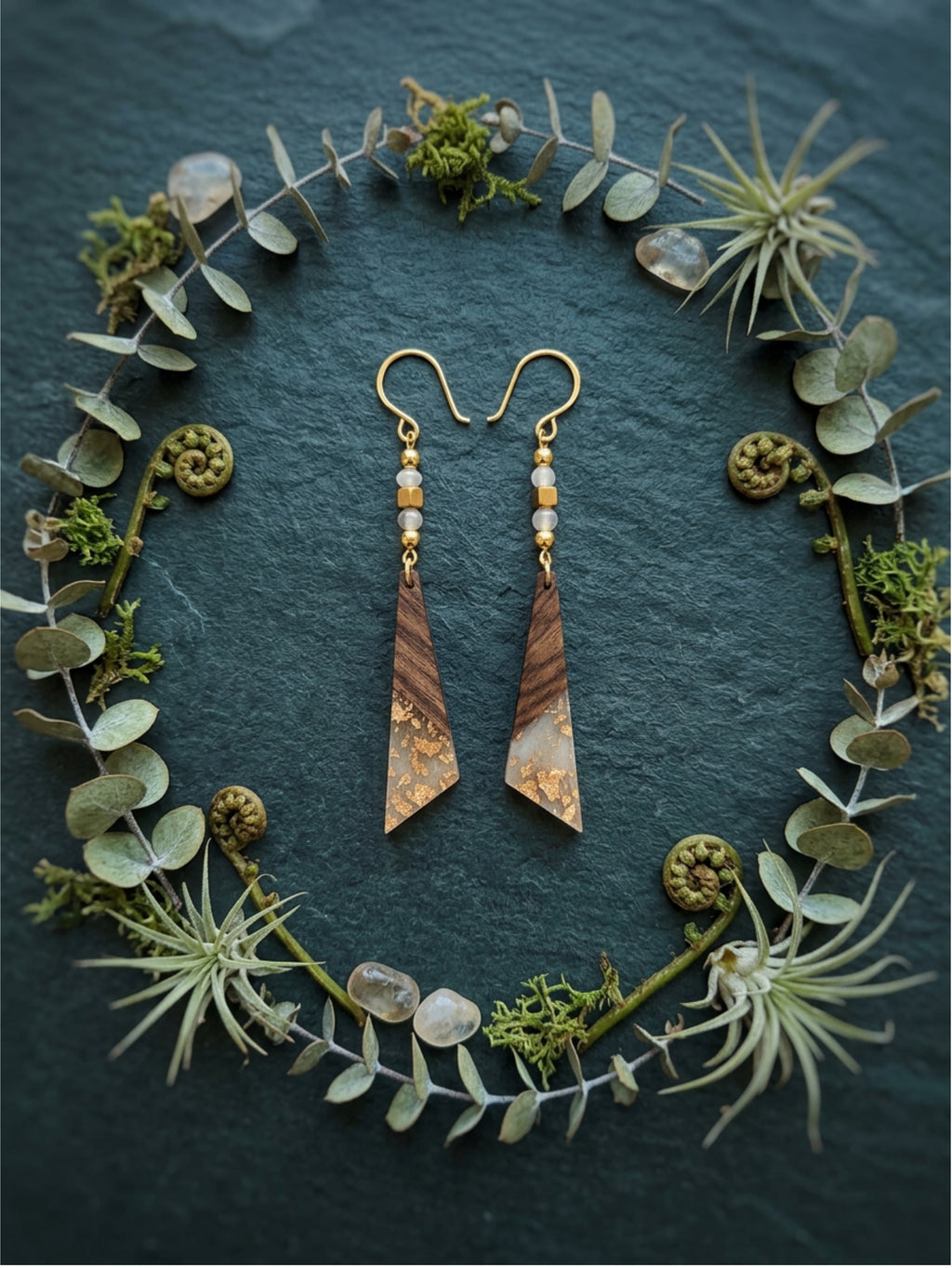 Gold Wood & Resin Long Triangle Earrings