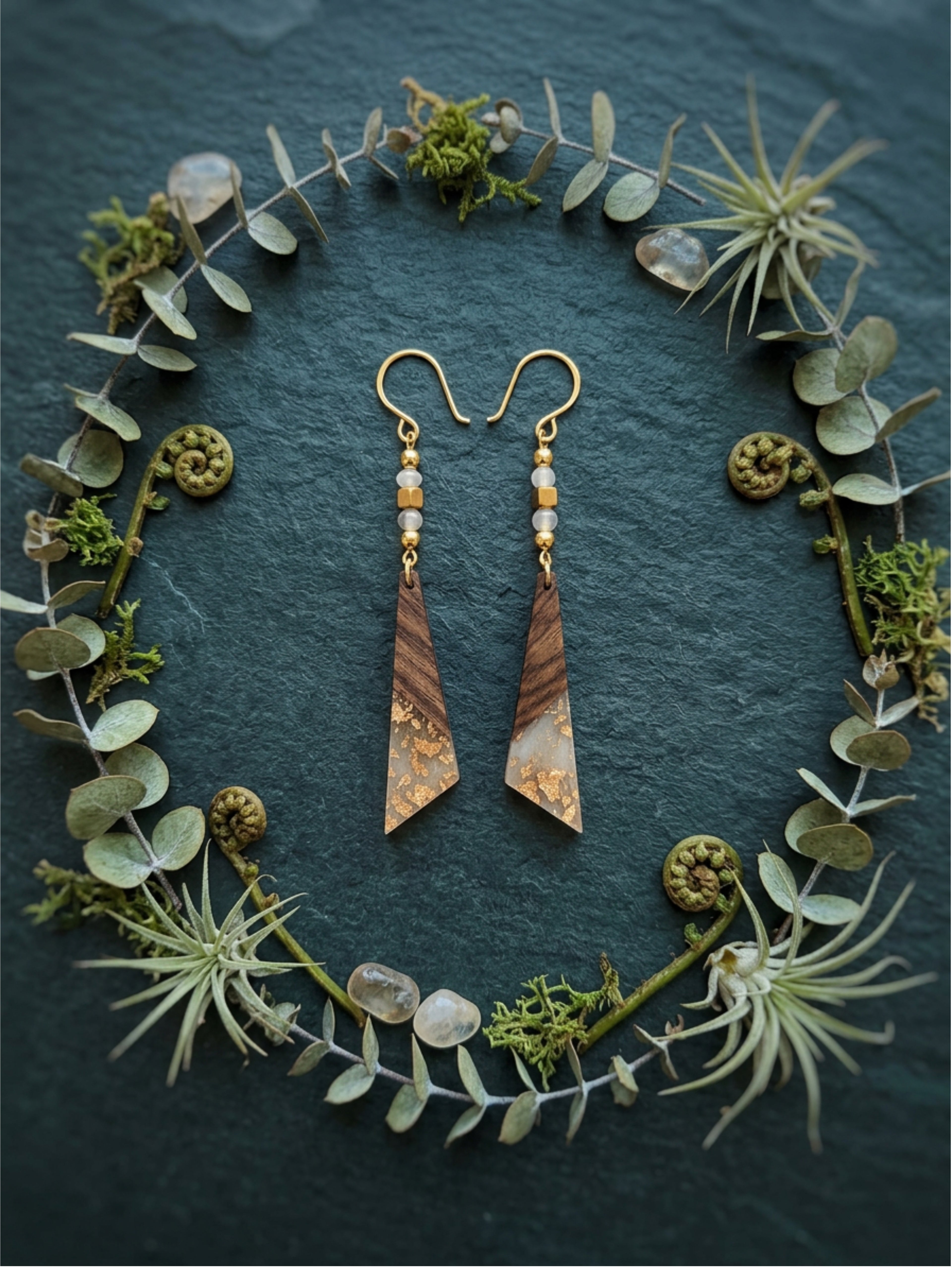 Gold Wood & Resin Long Triangle Earrings
