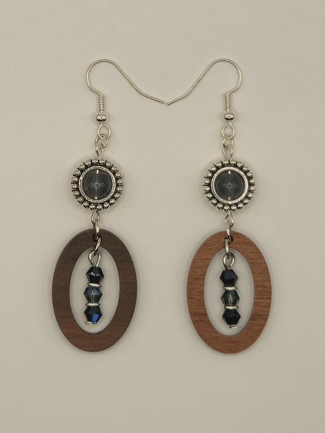 Blue Oval Wood Earrings w/ Center Dangle