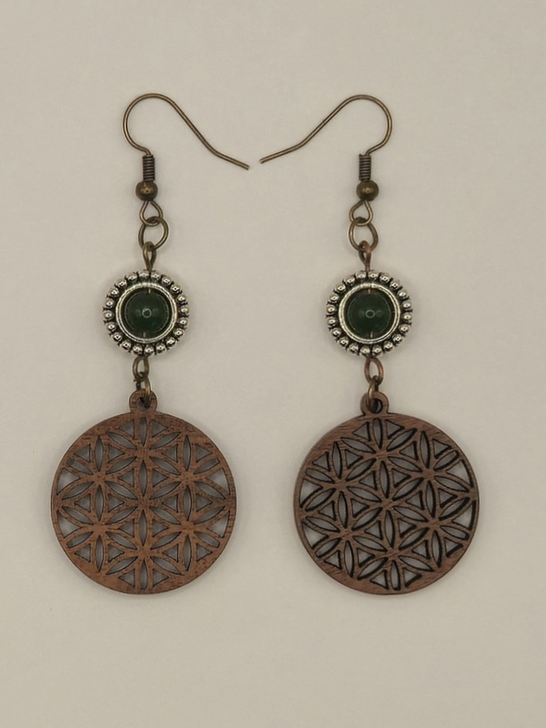 Green Bead Frame Circle Wood Earrings