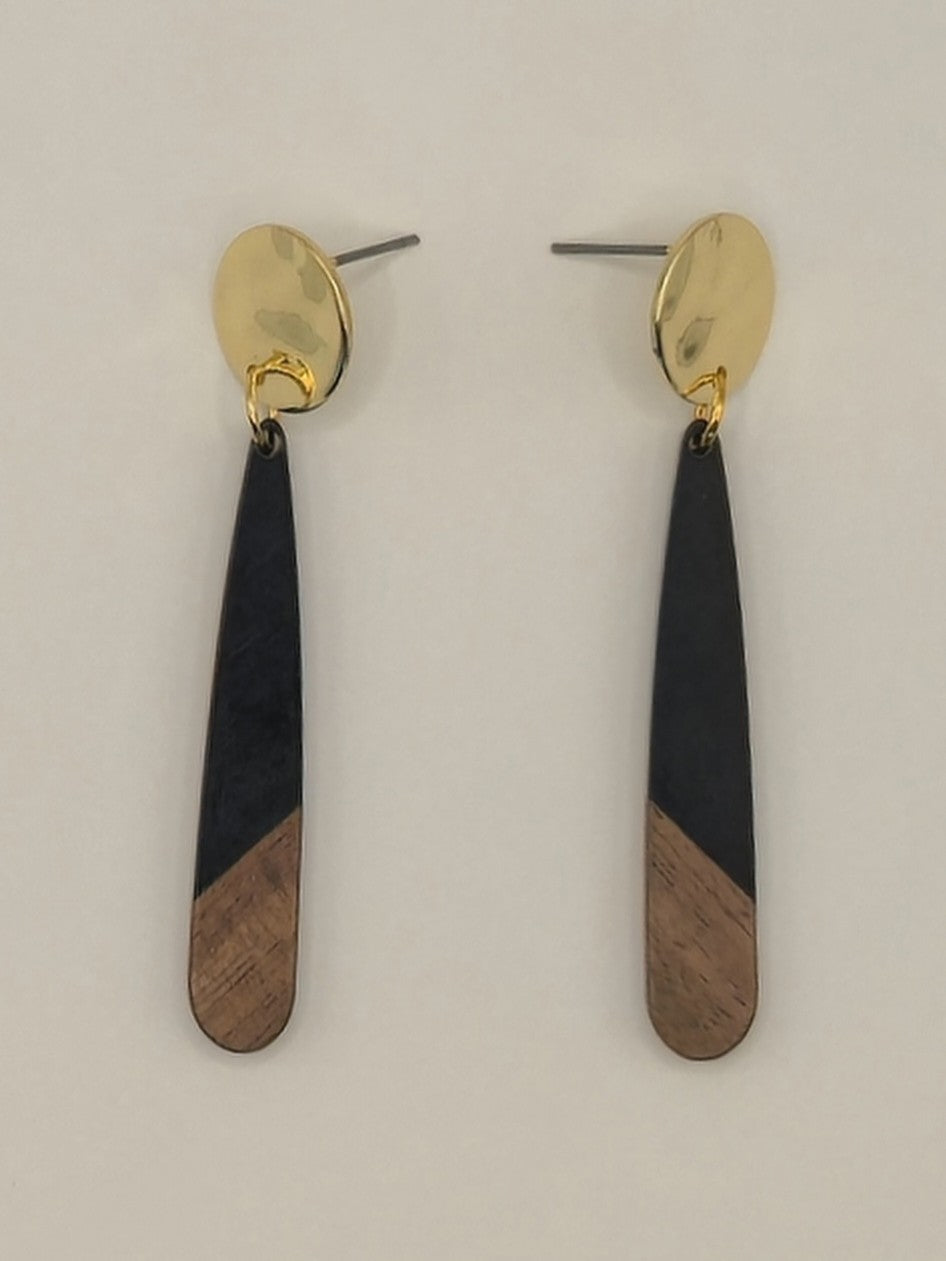 Black Wood & Resin Slim Oblong Earrings