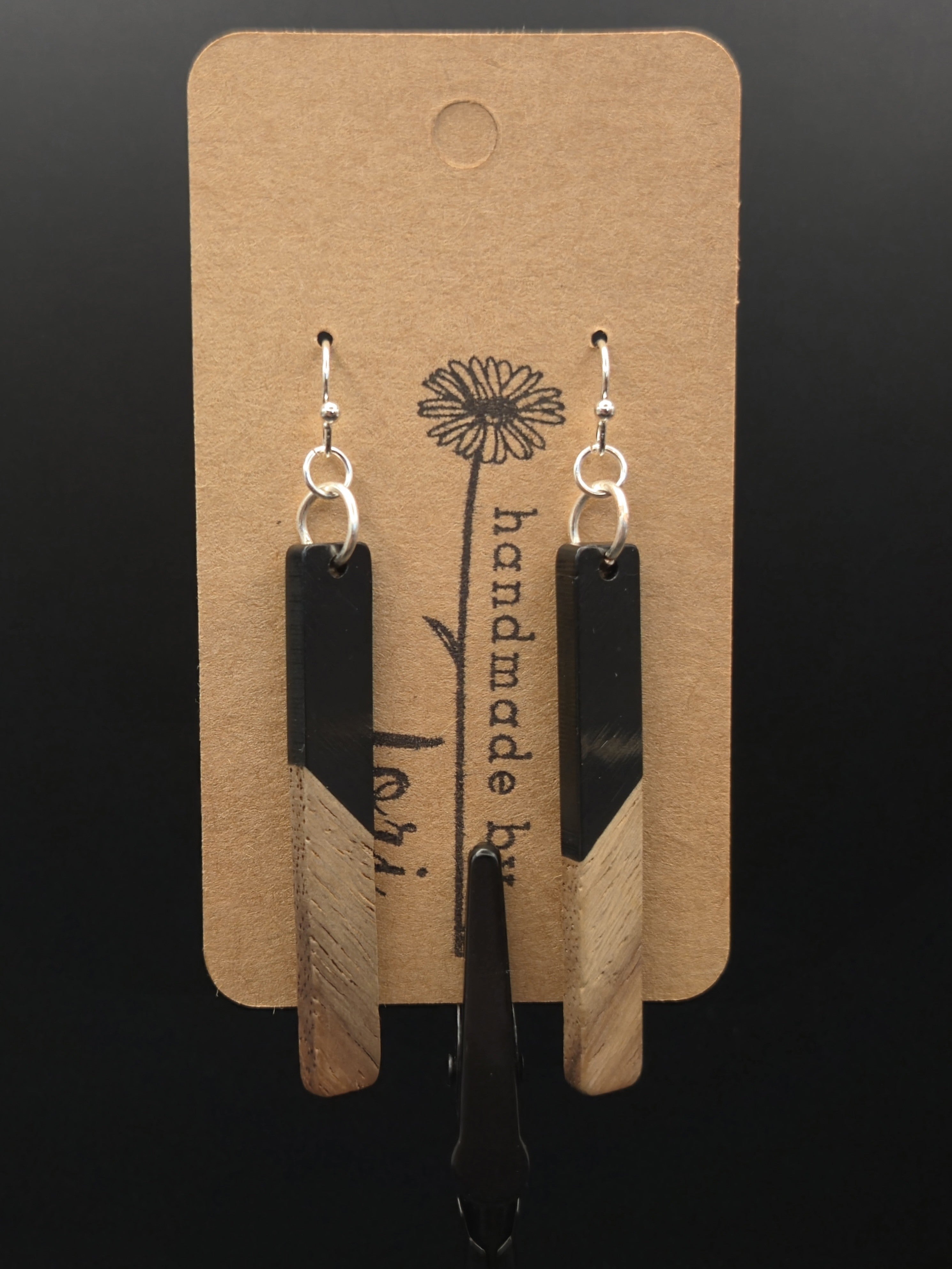 Black Wood & Resin Slim Rectangle Earrings