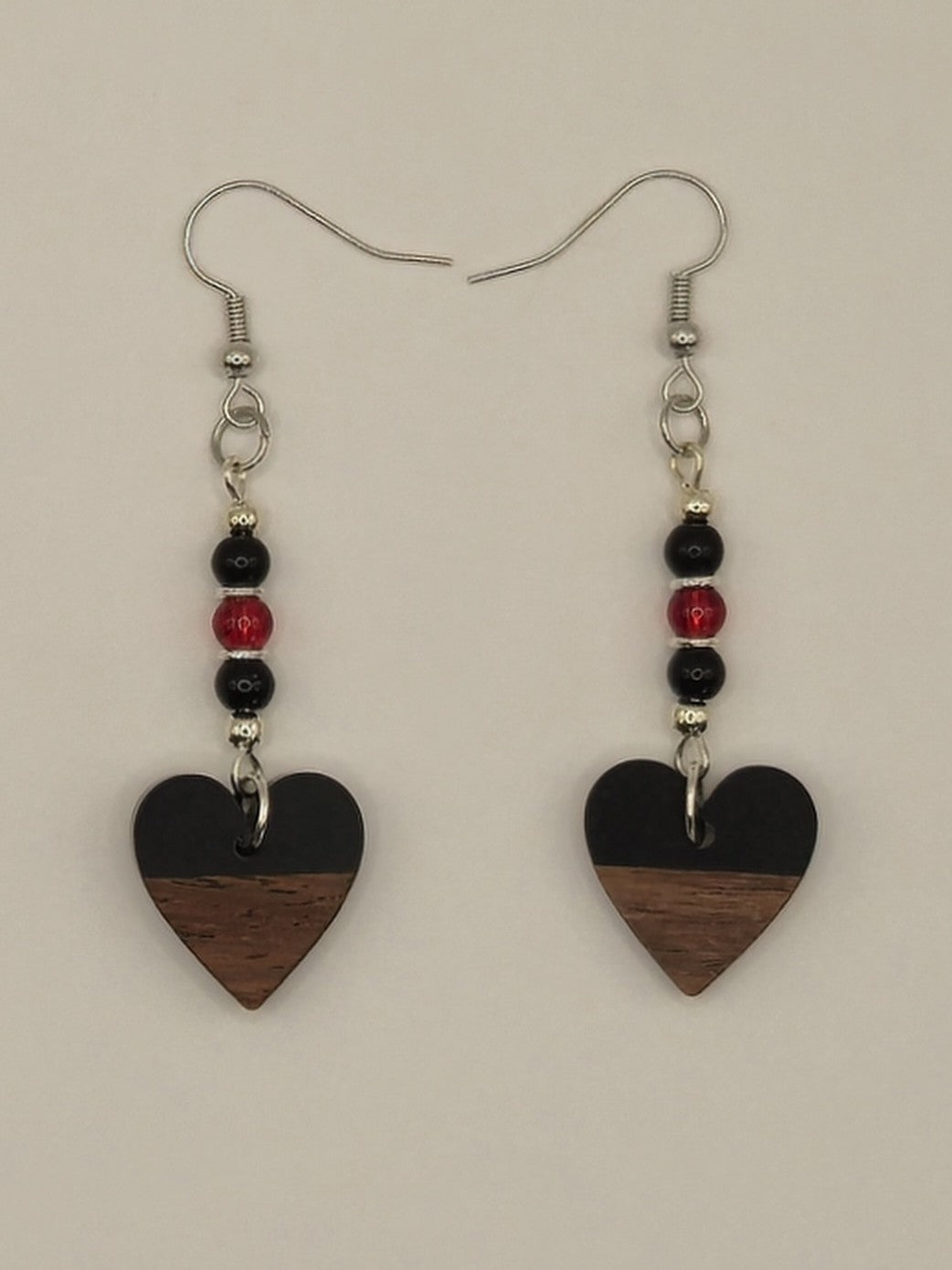 Black Wood & Resin Heart Earrings
