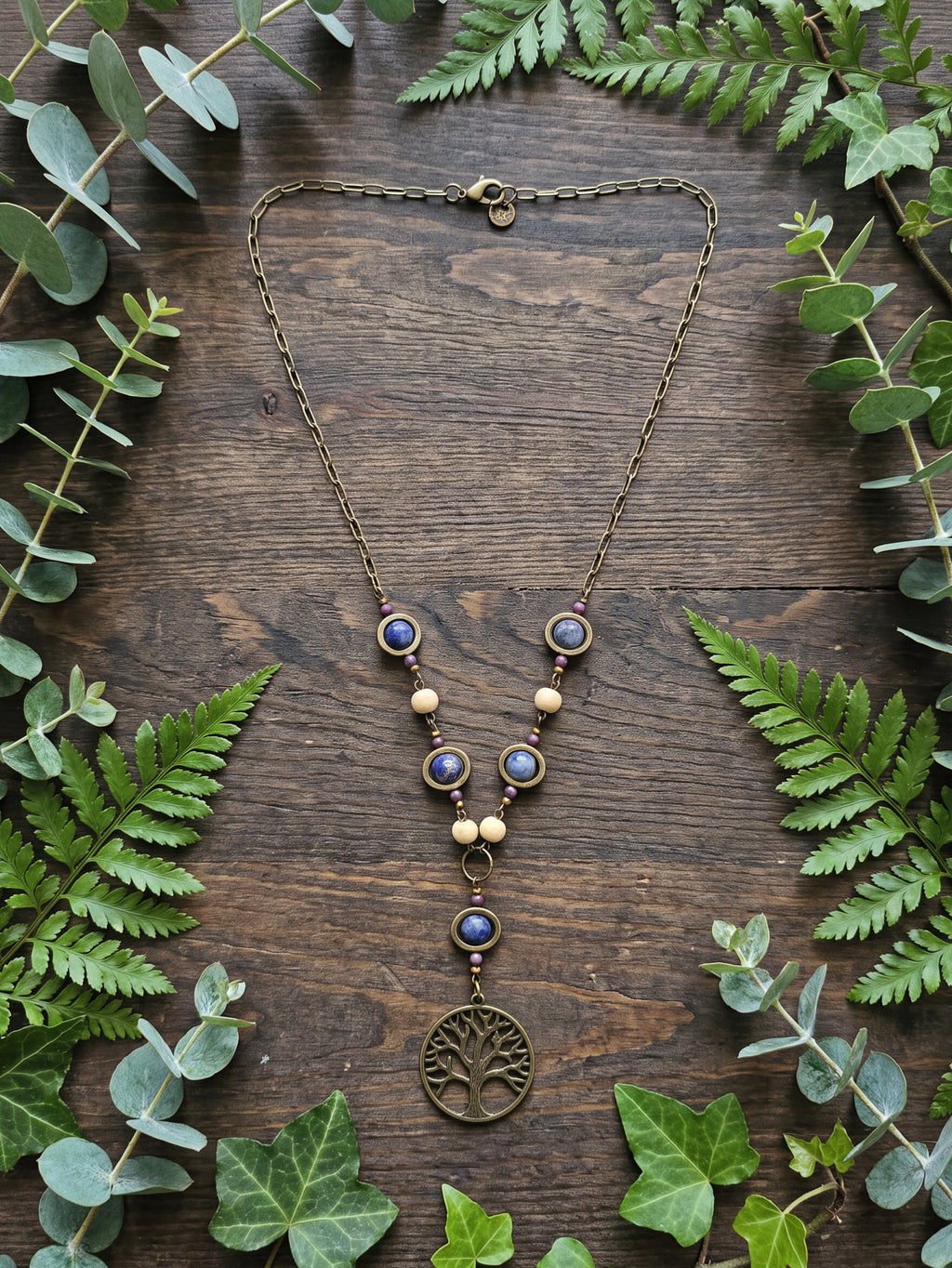 Sodalite Bead Frame Necklace w/Tree of Life Pendant