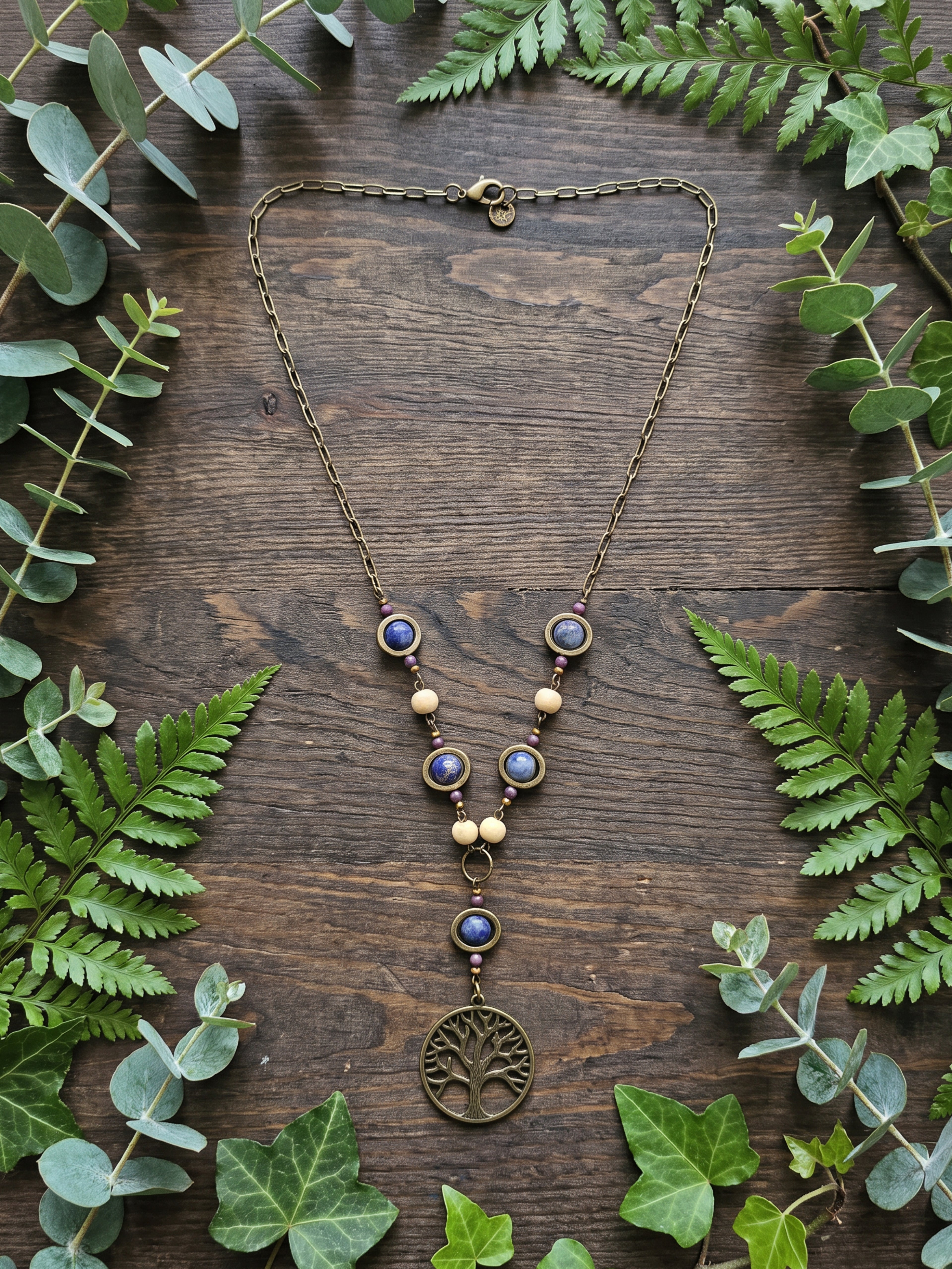 Sodalite Bead Frame Necklace w/Tree of Life Pendant