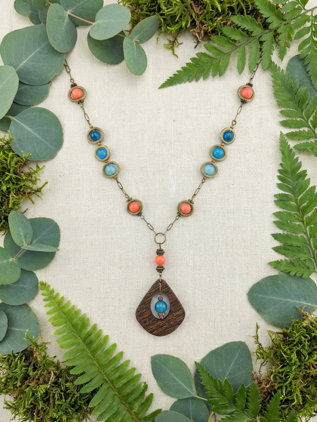 Blue Ombre Bead Frame Necklace w/ Wood Pendant