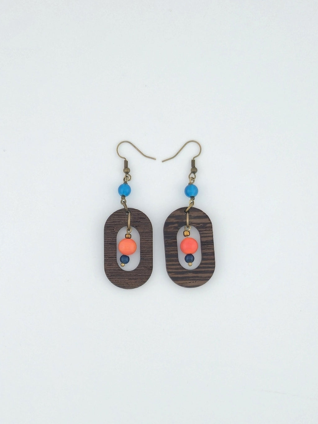 Blue & Peach Wood Dangle Earrings