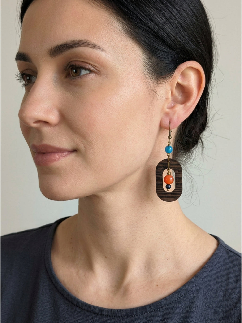 Blue & Peach Wood Dangle Earrings