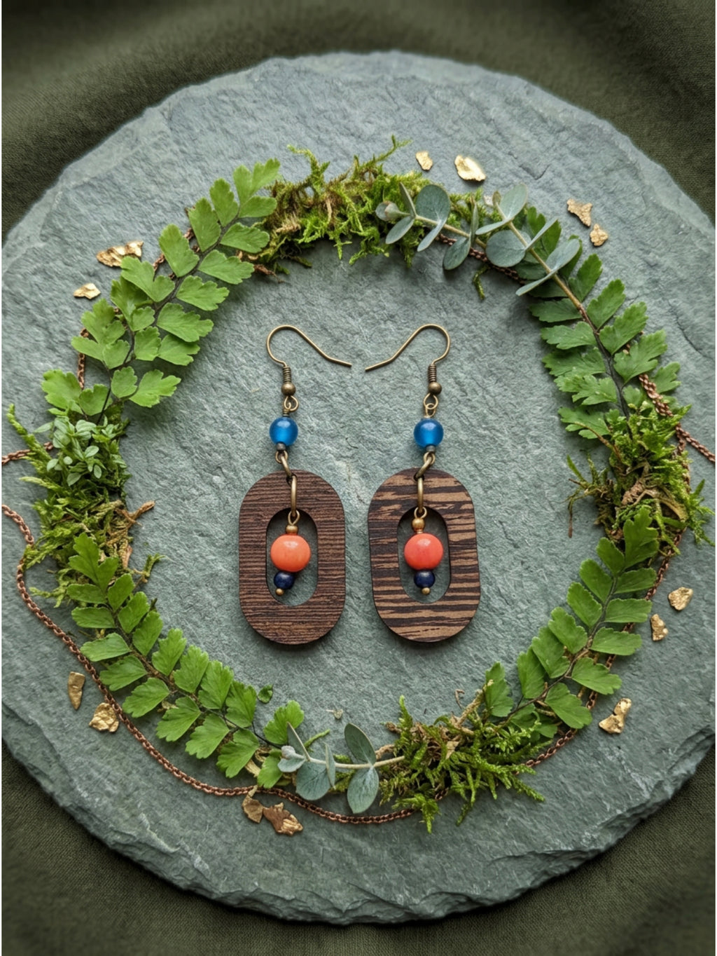 Blue & Peach Wood Dangle Earrings