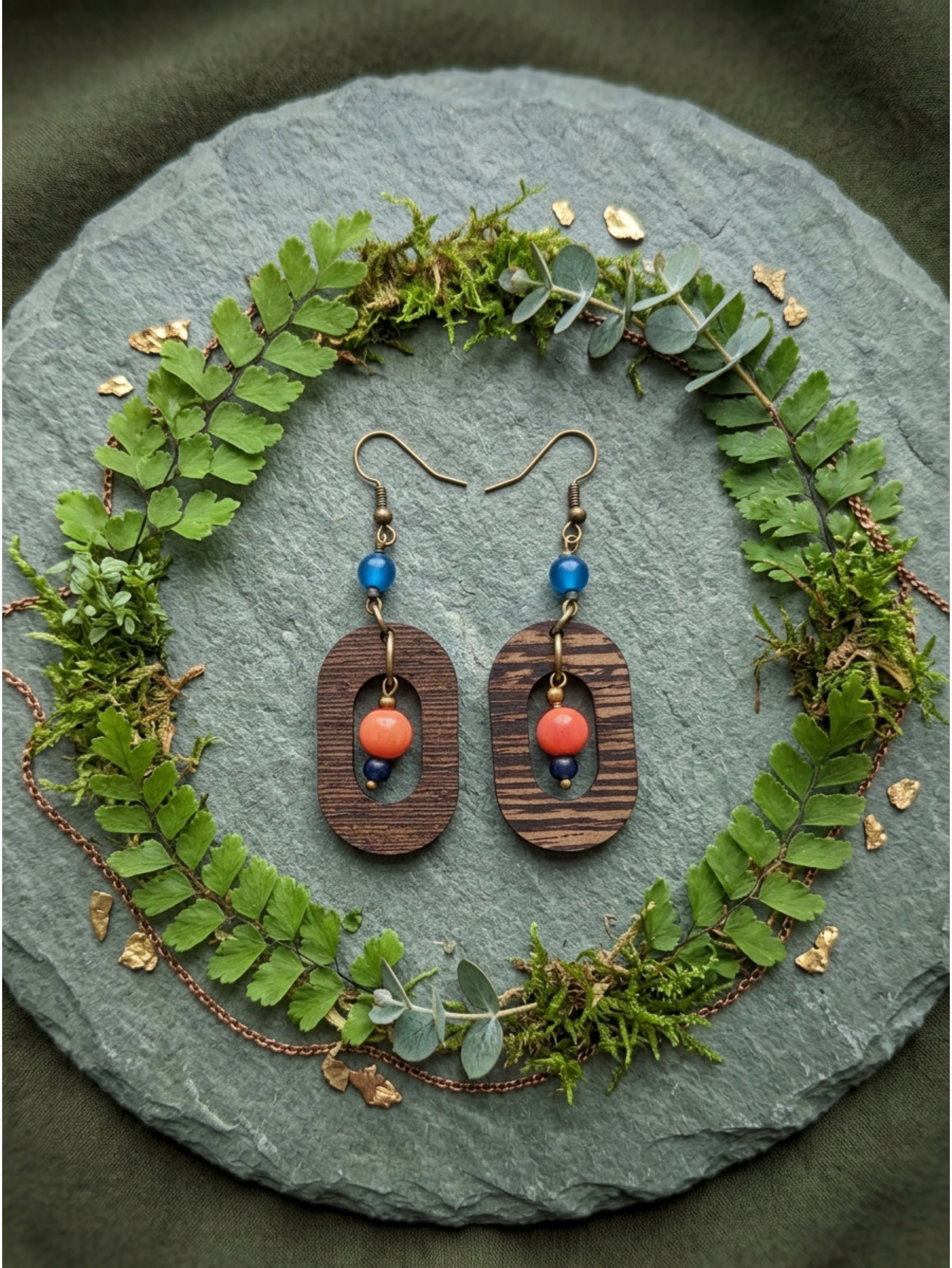 Blue & Peach Wood Dangle Earrings