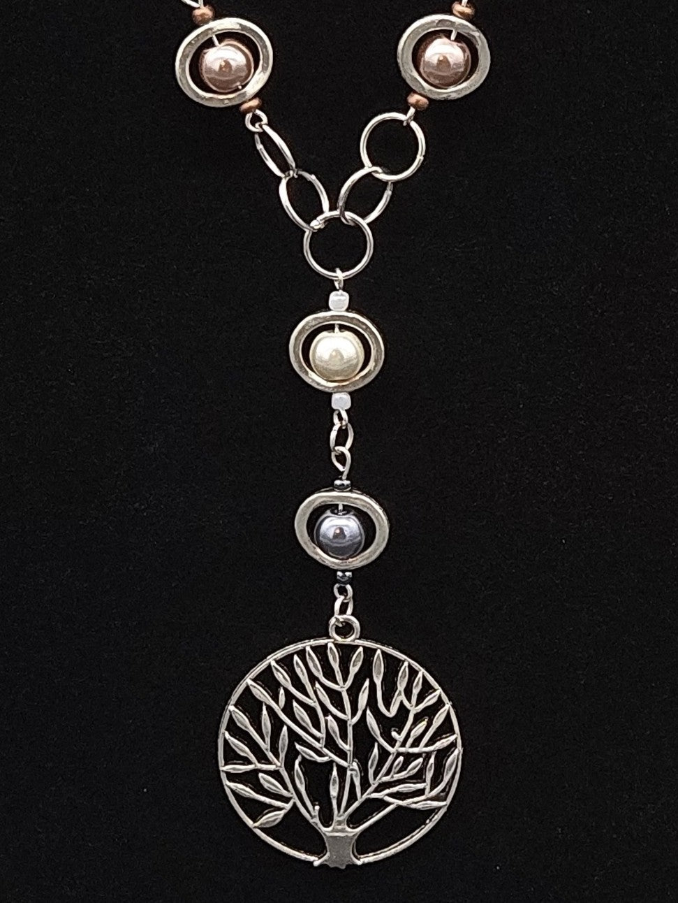 Mixed Pearl Bead Frame Necklace w/ Tree of Life Pendant