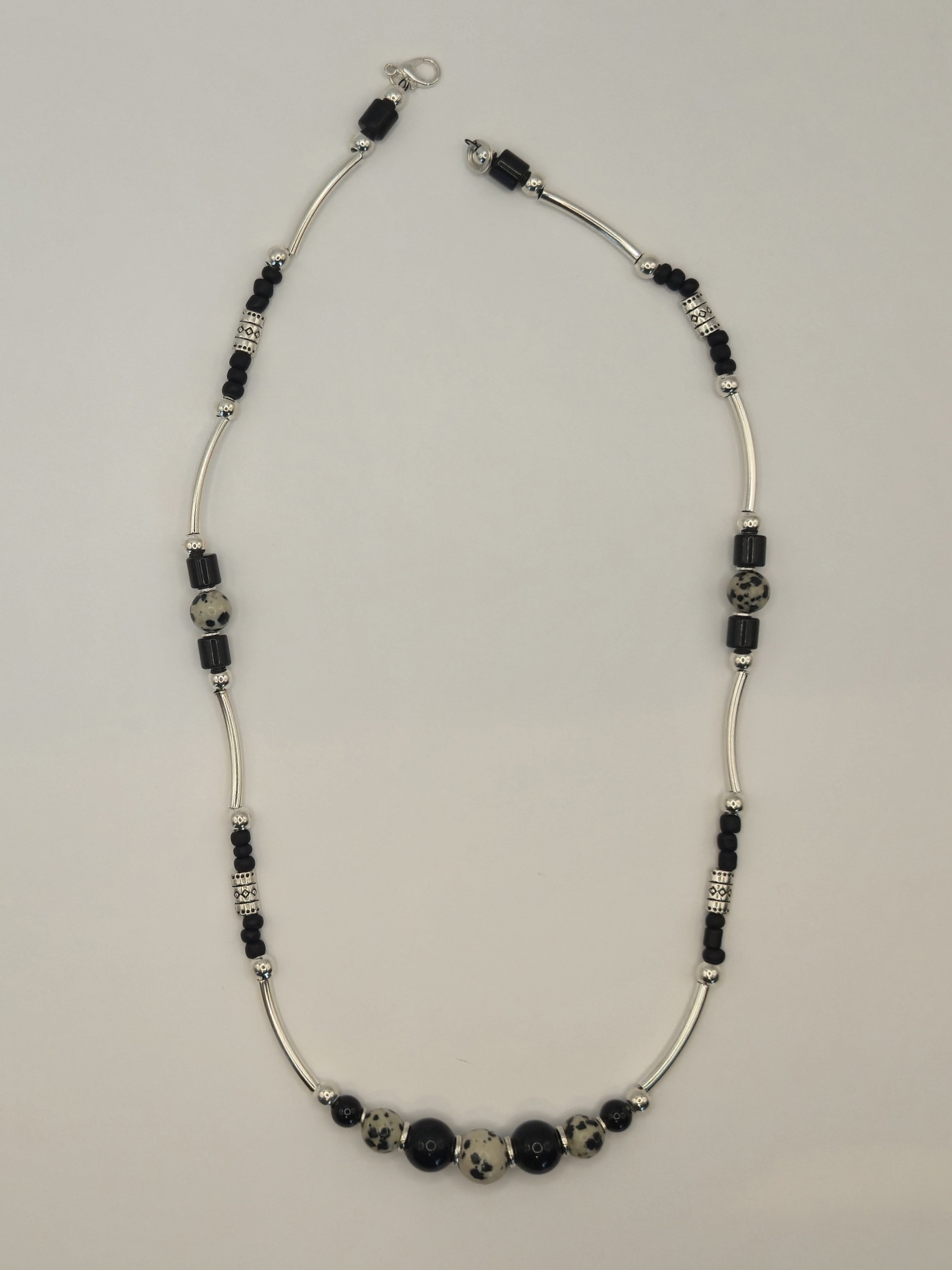 Tibetan Black Agate & Dalmatian Stone Necklace w/ heishiBeads