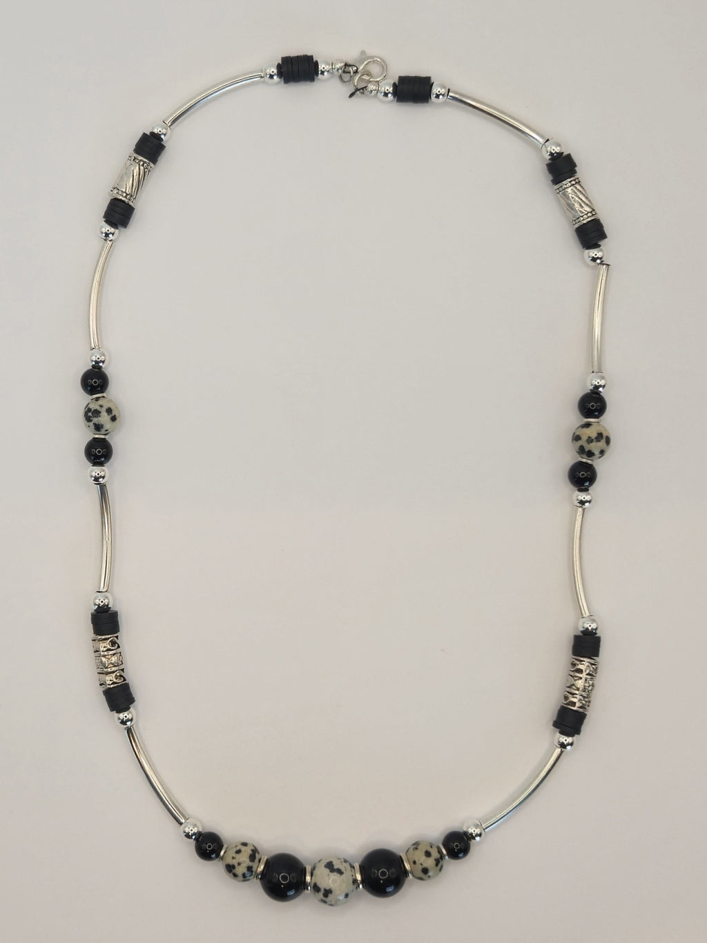 Tibetan Black Agate & Dalmatian Stone Necklace w/ Clay Beads