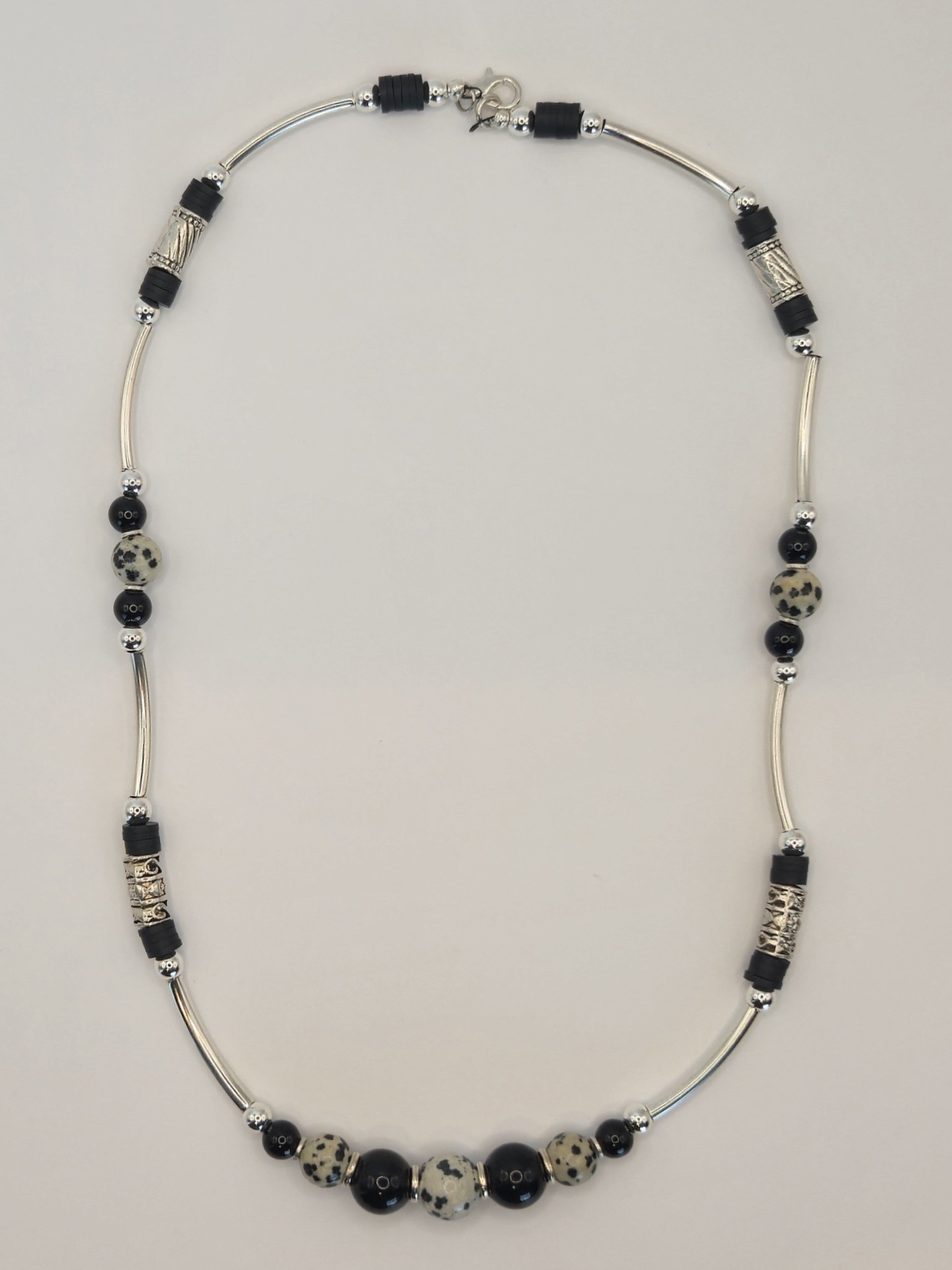 Tibetan Black Agate & Dalmatian Stone Necklace w/ Clay Beads