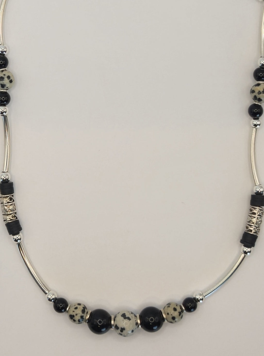 Tibetan Black Agate & Dalmatian Stone Necklace w/ Clay Beads