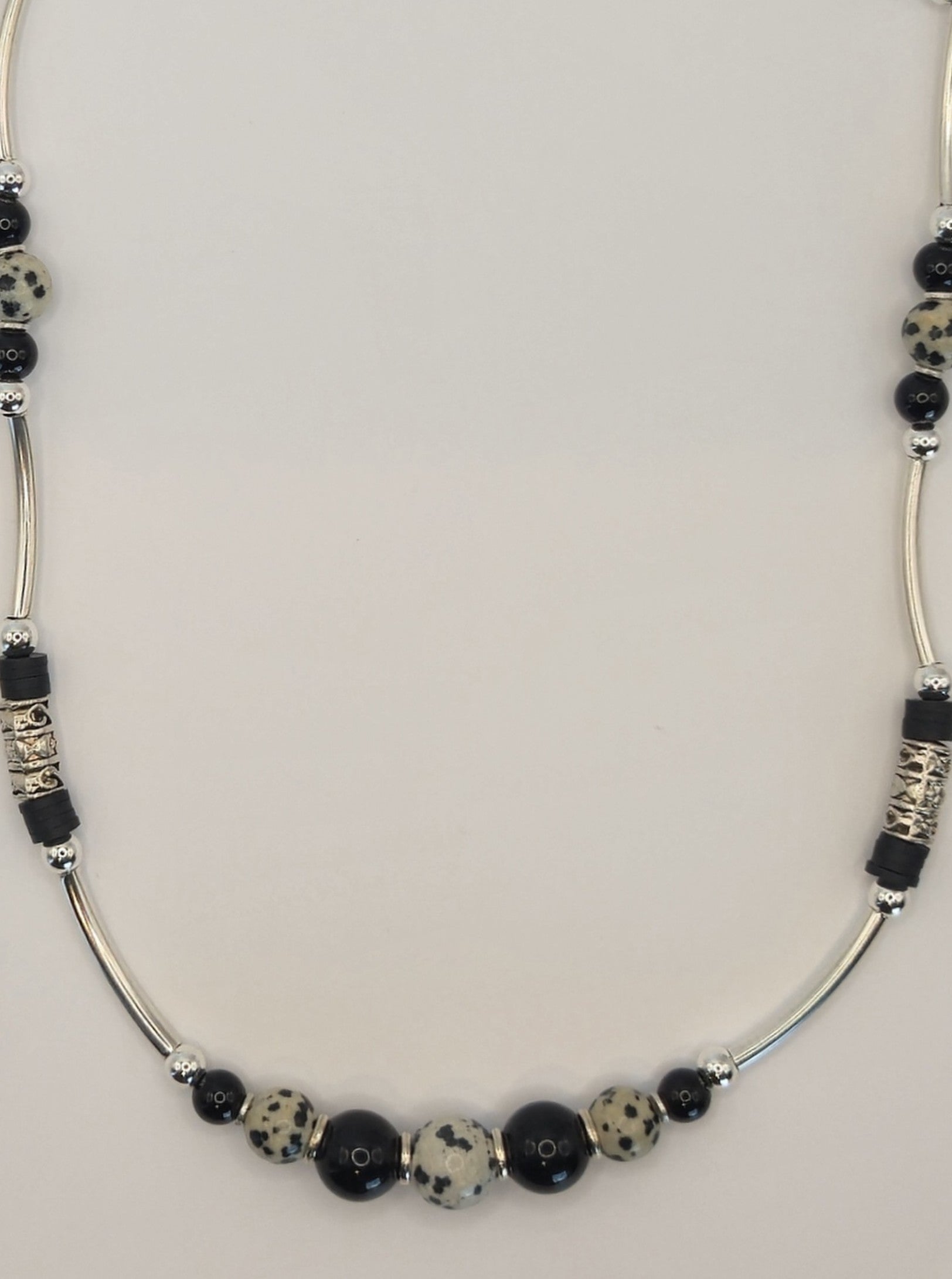Tibetan Black Agate & Dalmatian Stone Necklace w/ Clay Beads