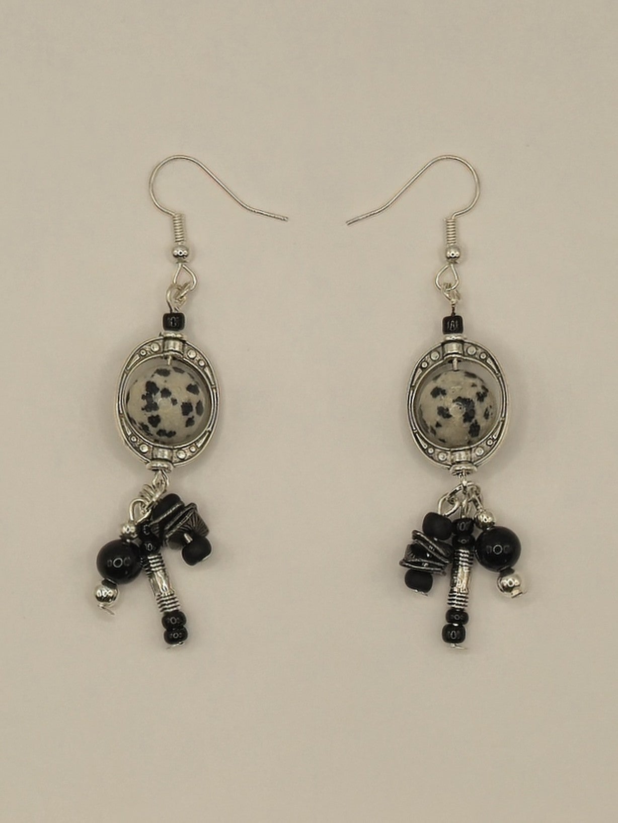 Dalmatian Bead Frame Earrings w/ Dangles