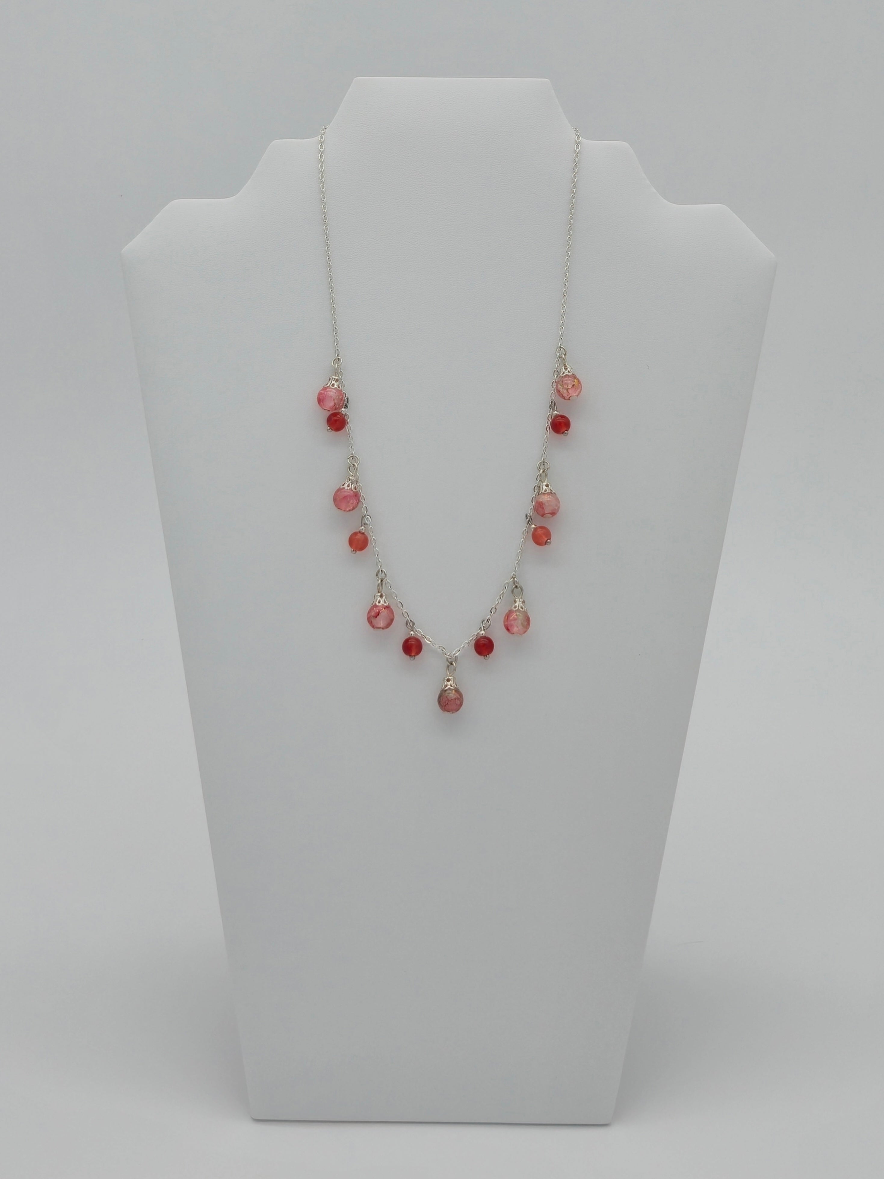 Rose Pink Crackle Glass Pendant Necklace