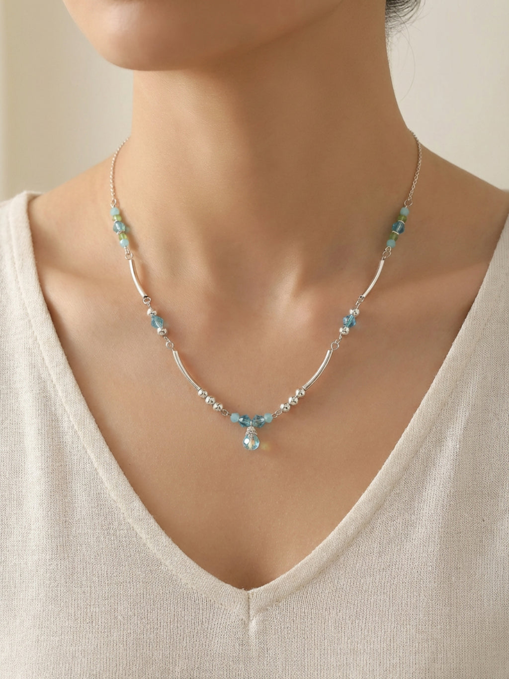 Blue Crackle Glass Tibetan Tube Necklace