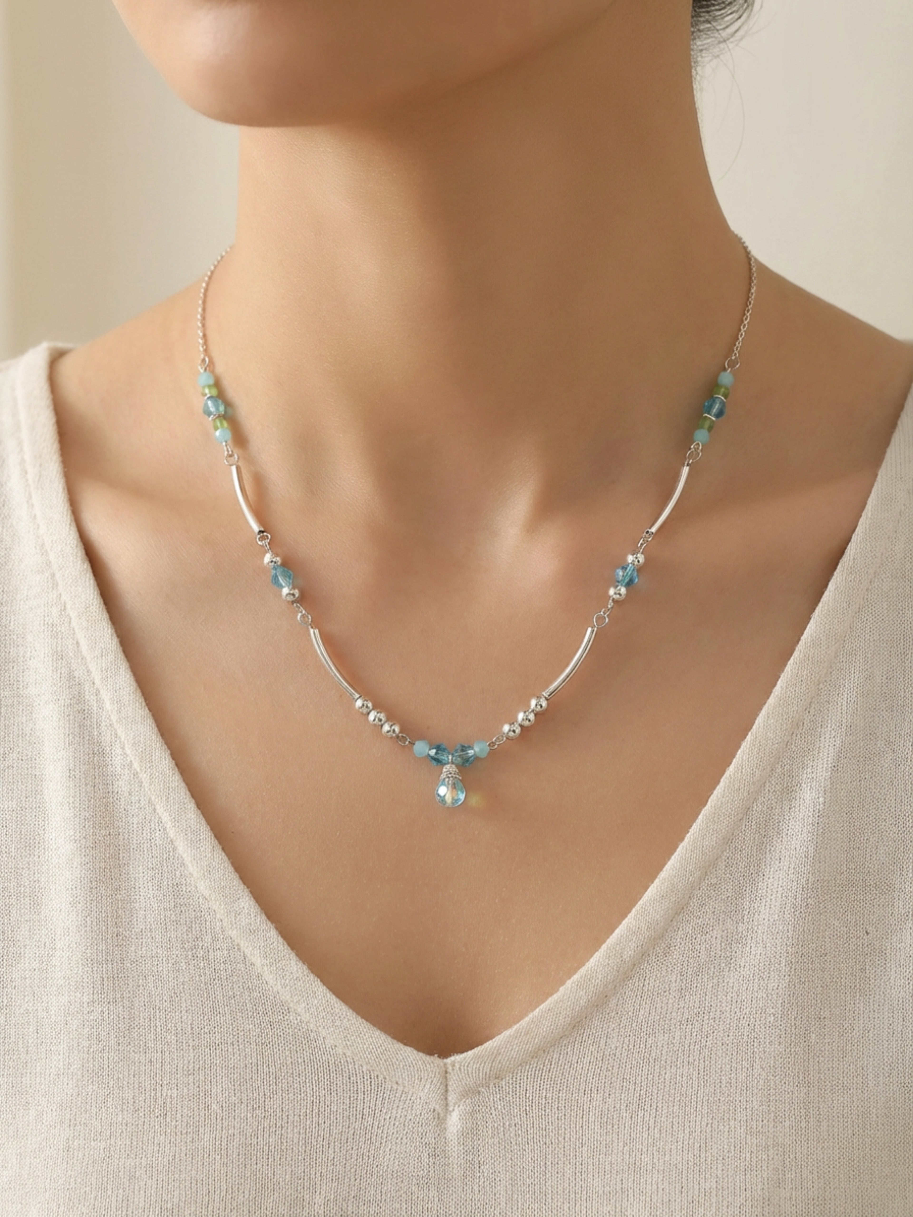 Blue Crackle Glass Tibetan Tube Necklace