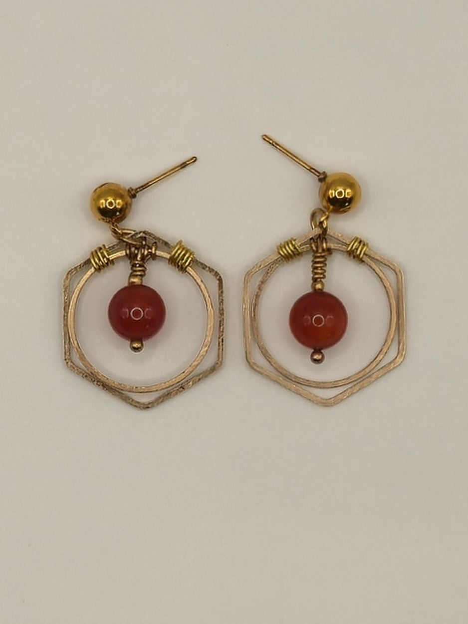 Red Agate Wired Hexagon Earrings