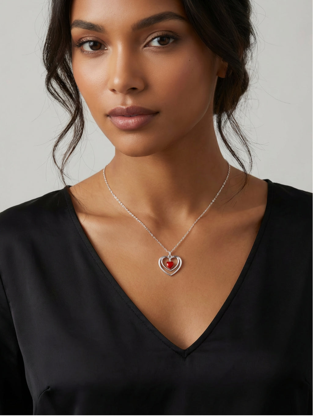 Center Glass Heart Double Pendant Necklace