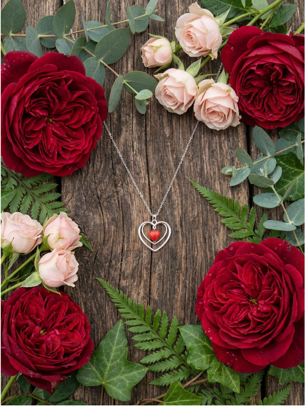 Center Glass Heart Double Pendant Necklace