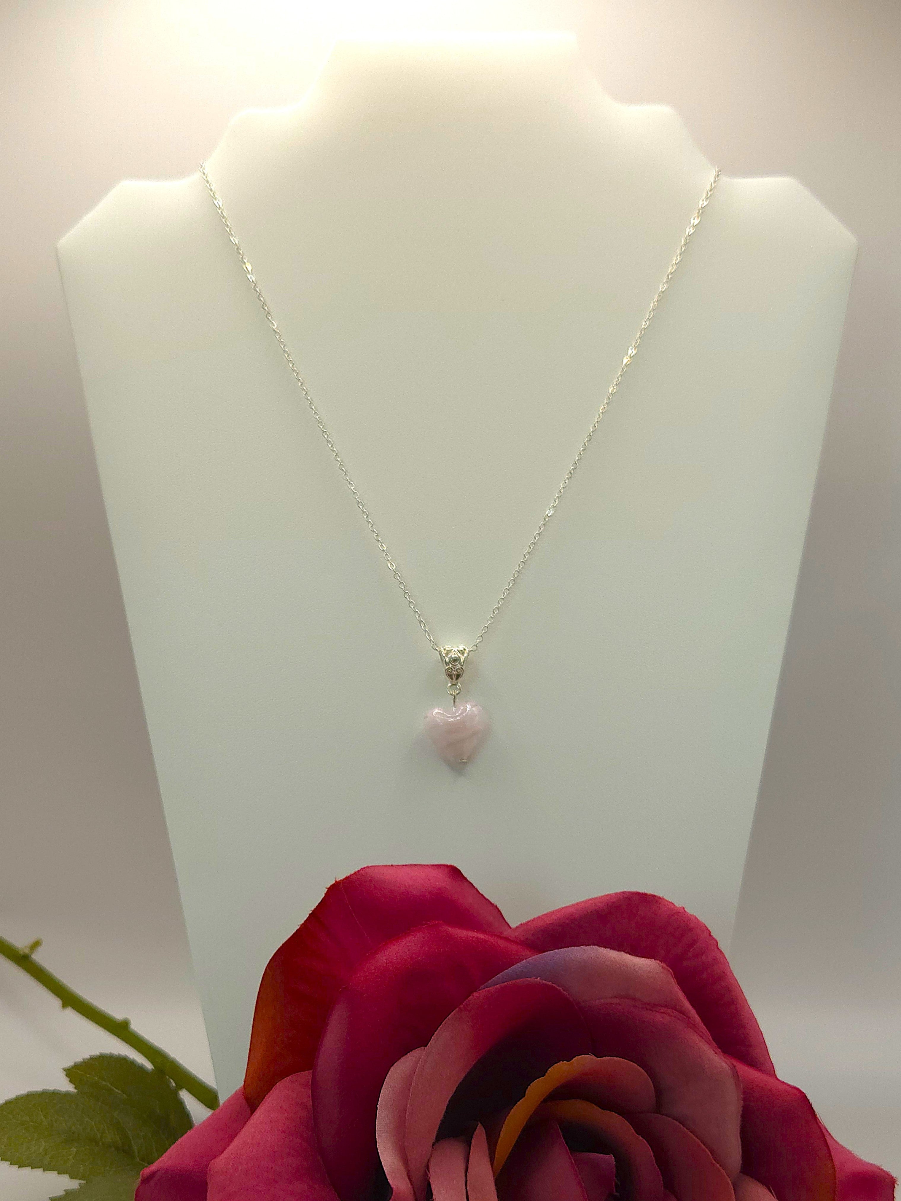 Pink Swirl Glass Heart Pendant Necklace- 18"