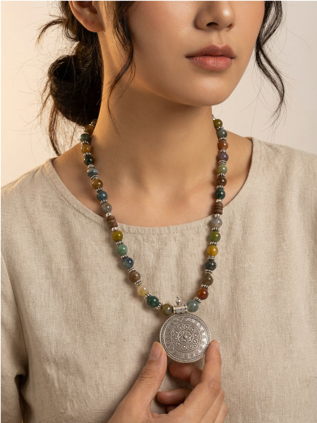 Jasper Medallion Necklace 24"