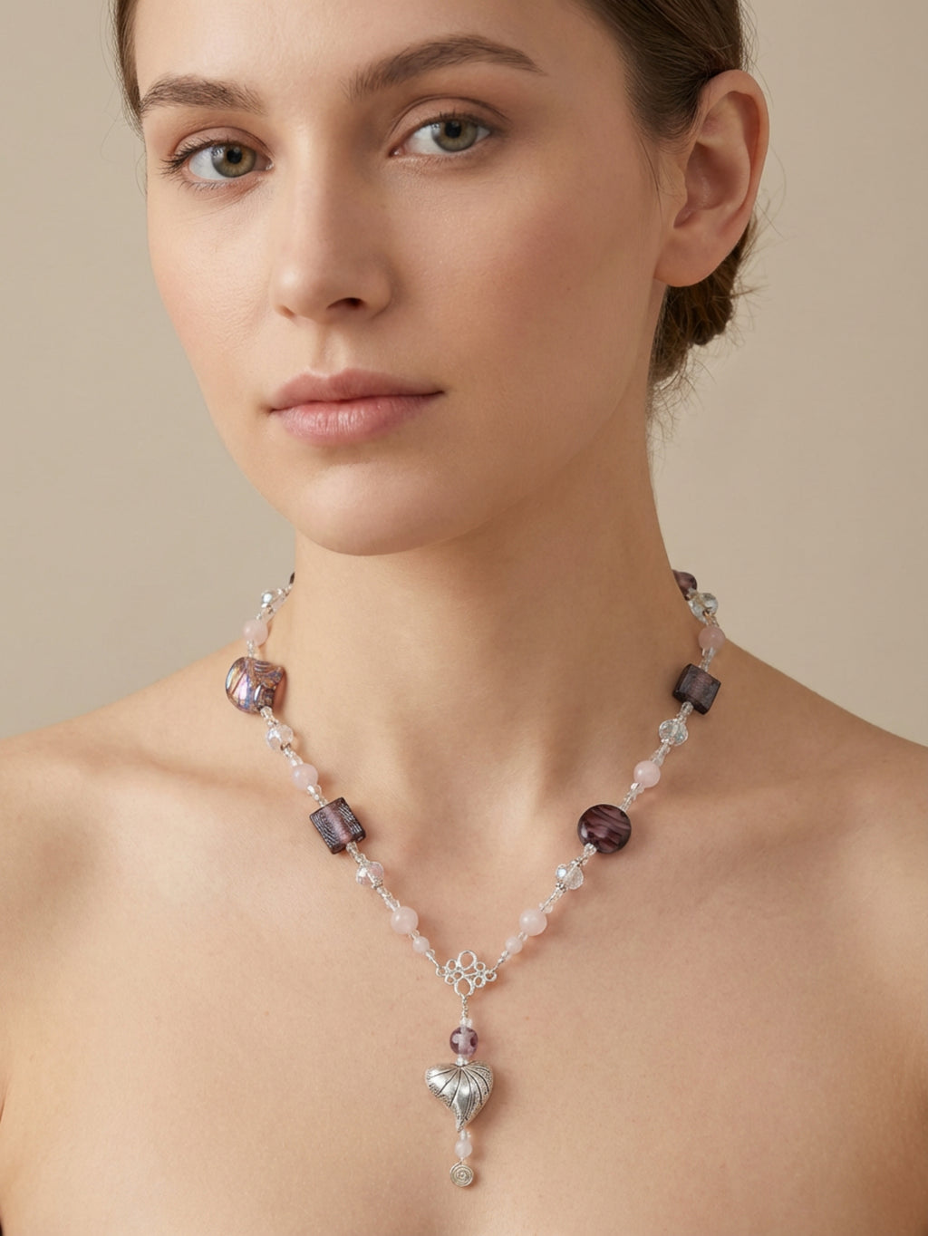 Glamorous Purple Heart Pendant Necklace 26.5"