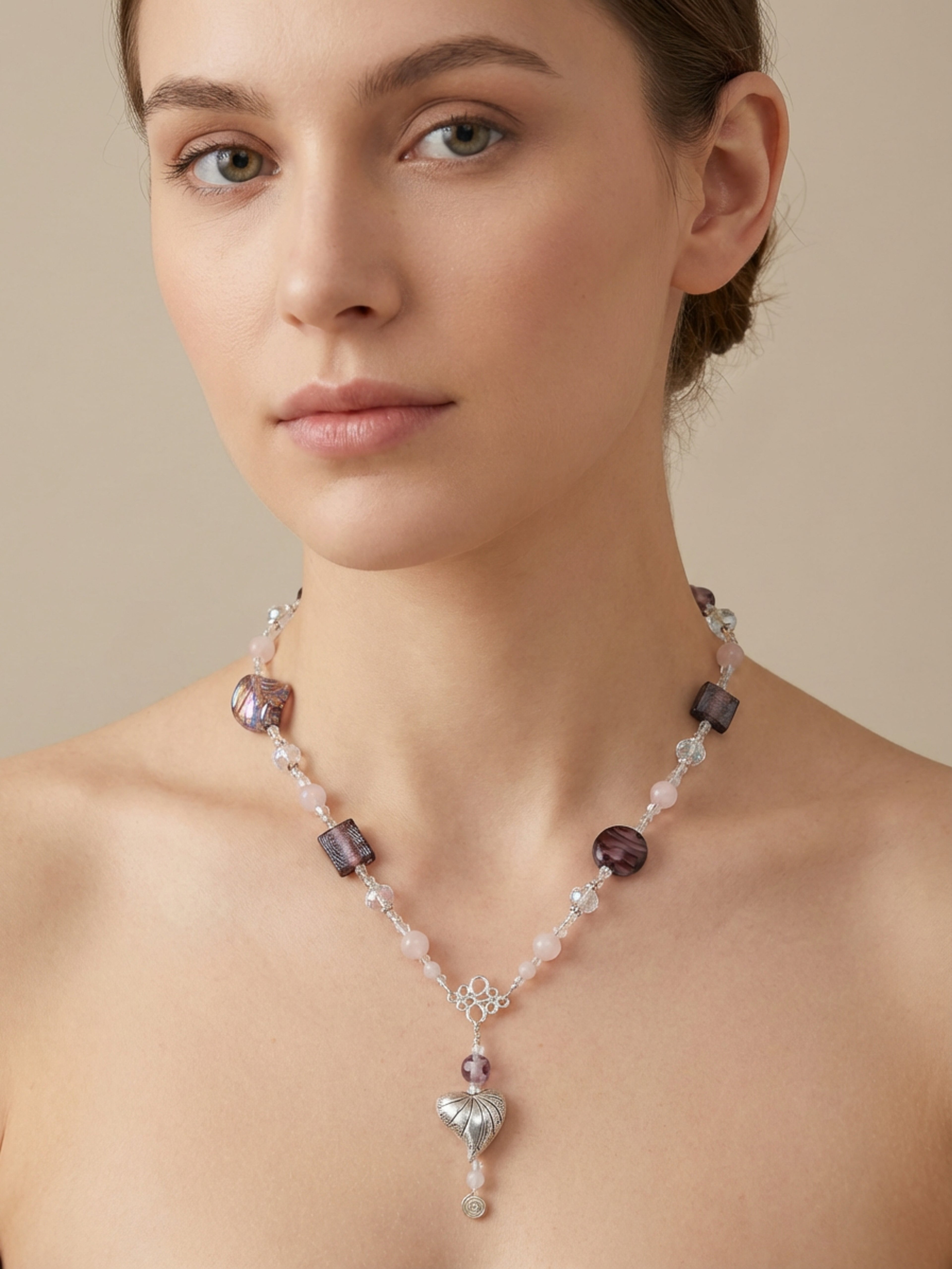Glamorous Purple Heart Pendant Necklace 26.5"
