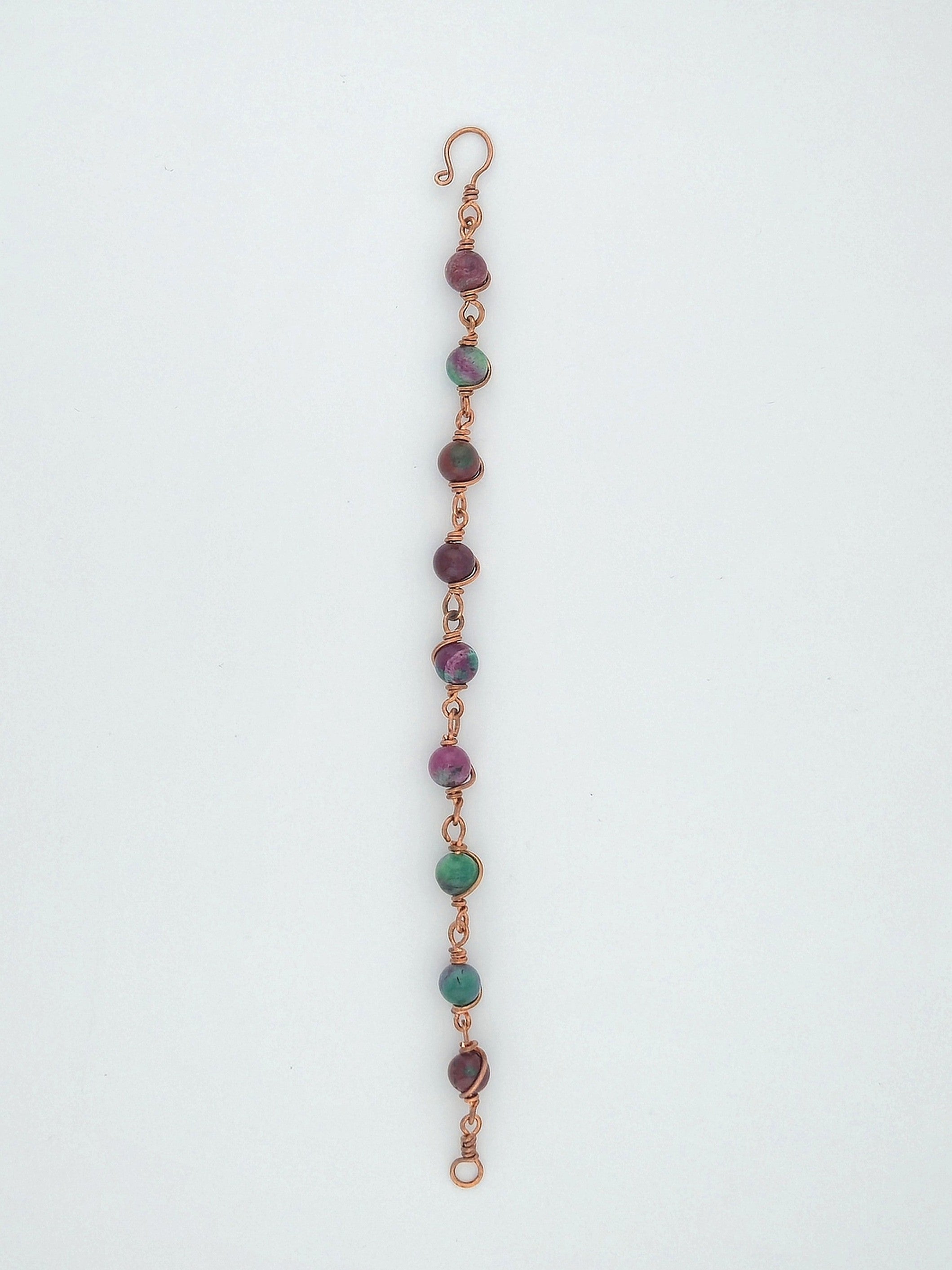 Handcrafted plum and green stone bead bracelet with copper wire links by Willow Tree Studio