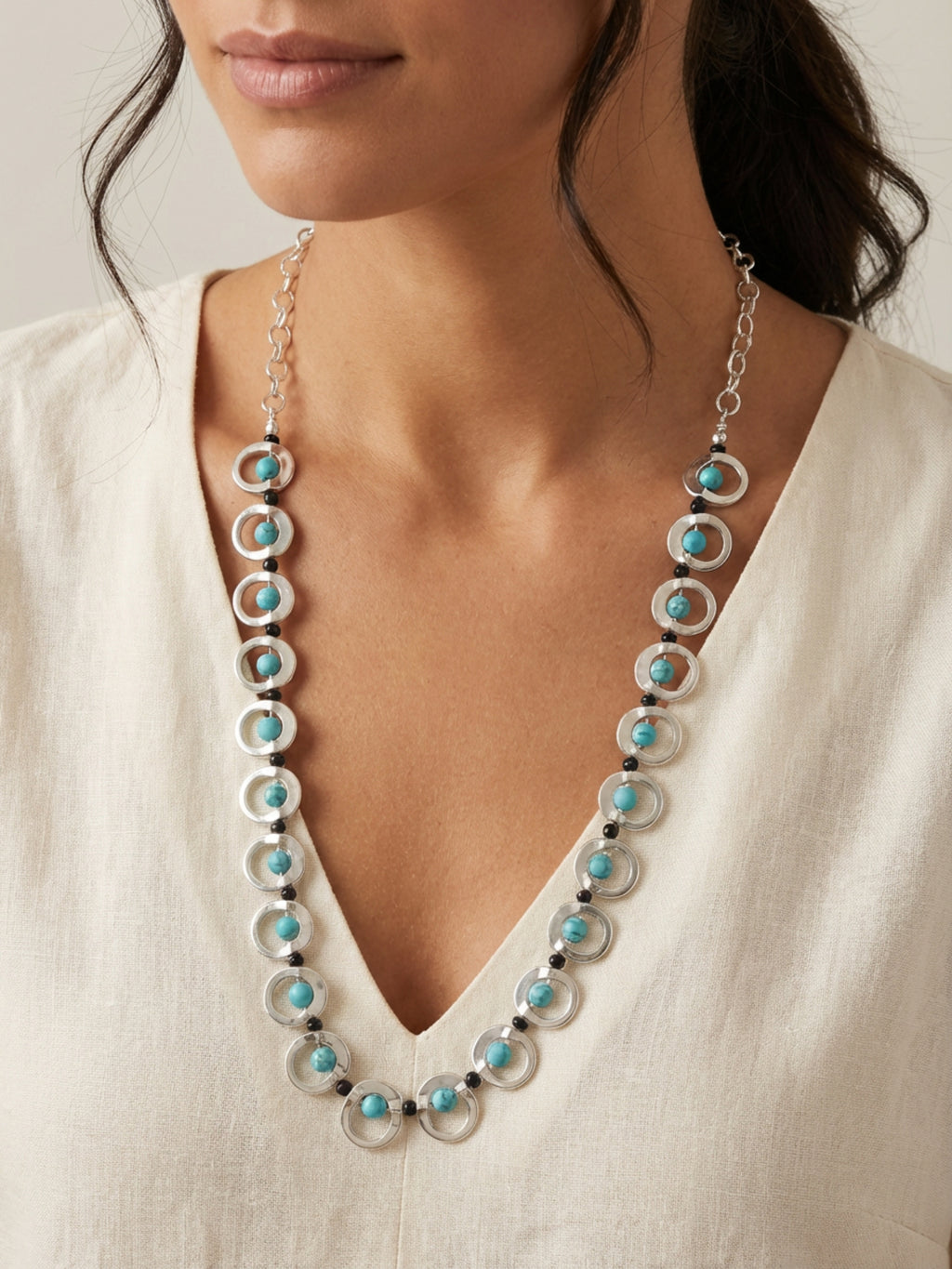 Silver Turquoise Bead Frame Necklace